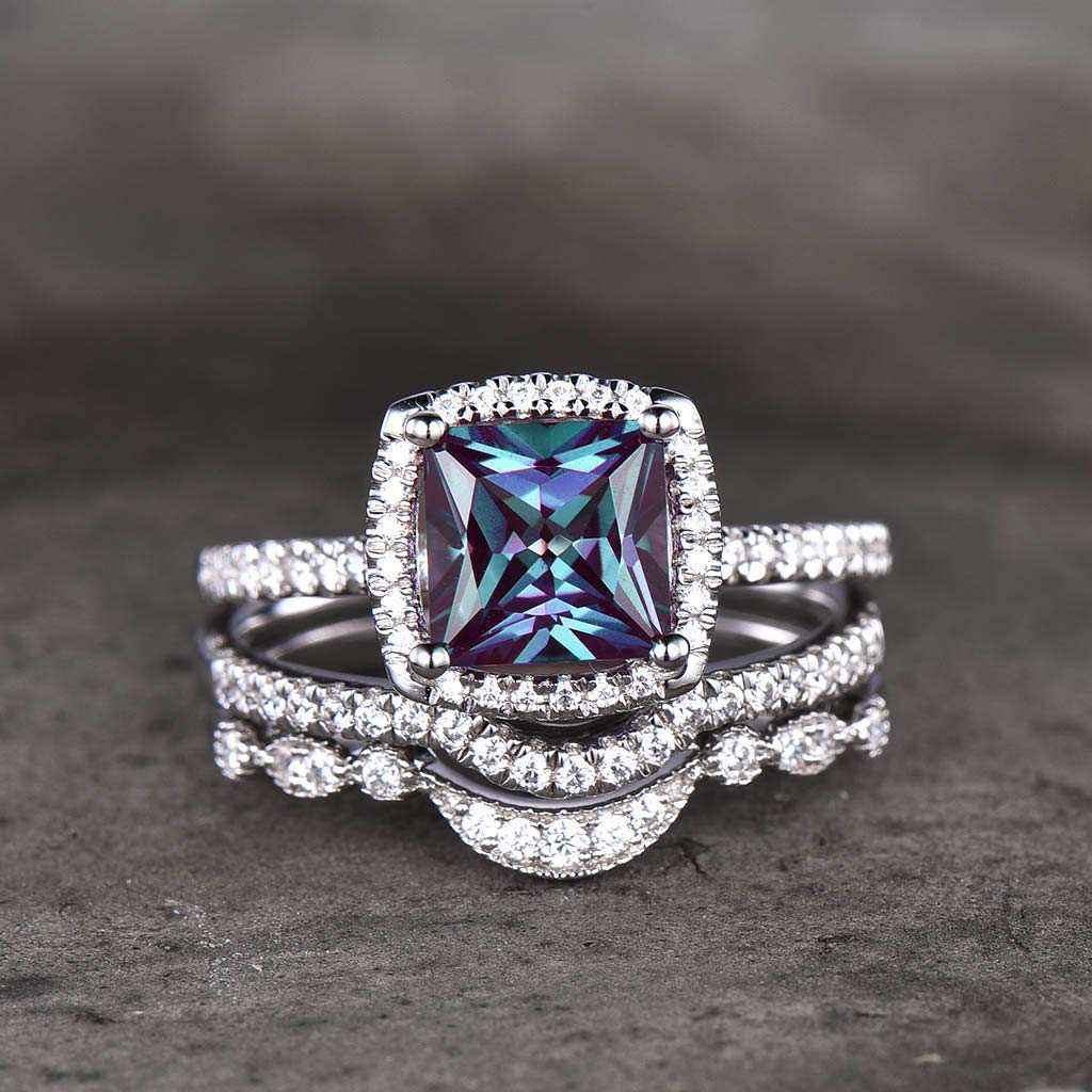 Alexandrite Engagement Ring Set with 7mm Princess Cut & CZ Wedding Band - Elegant Anniversary Gift for Her | Perfect for Proposals, Weddings & Special Occasions