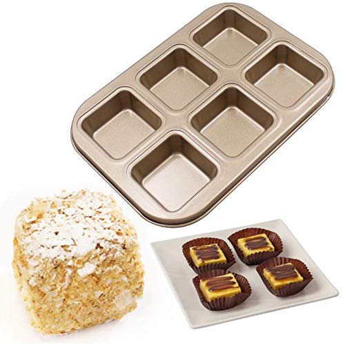 Zollyss Non-Stick Square Baking Pan - 6-Cavity Carbon Steel Mold for Bread, Cake, Fondant, Cookies & Tarts - Durable Bakeware Tool (Black, Pack of 1) - Perfect for Home Baking, Party Desserts & Holiday Treats