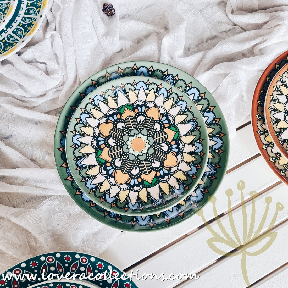 Mandala Green & White Salad Plate Set - Elegant Hand-Painted Ceramic Dinnerware for Home & Restaurant Use - Perfect for Salads, Appetizers, Desserts & Party Serving