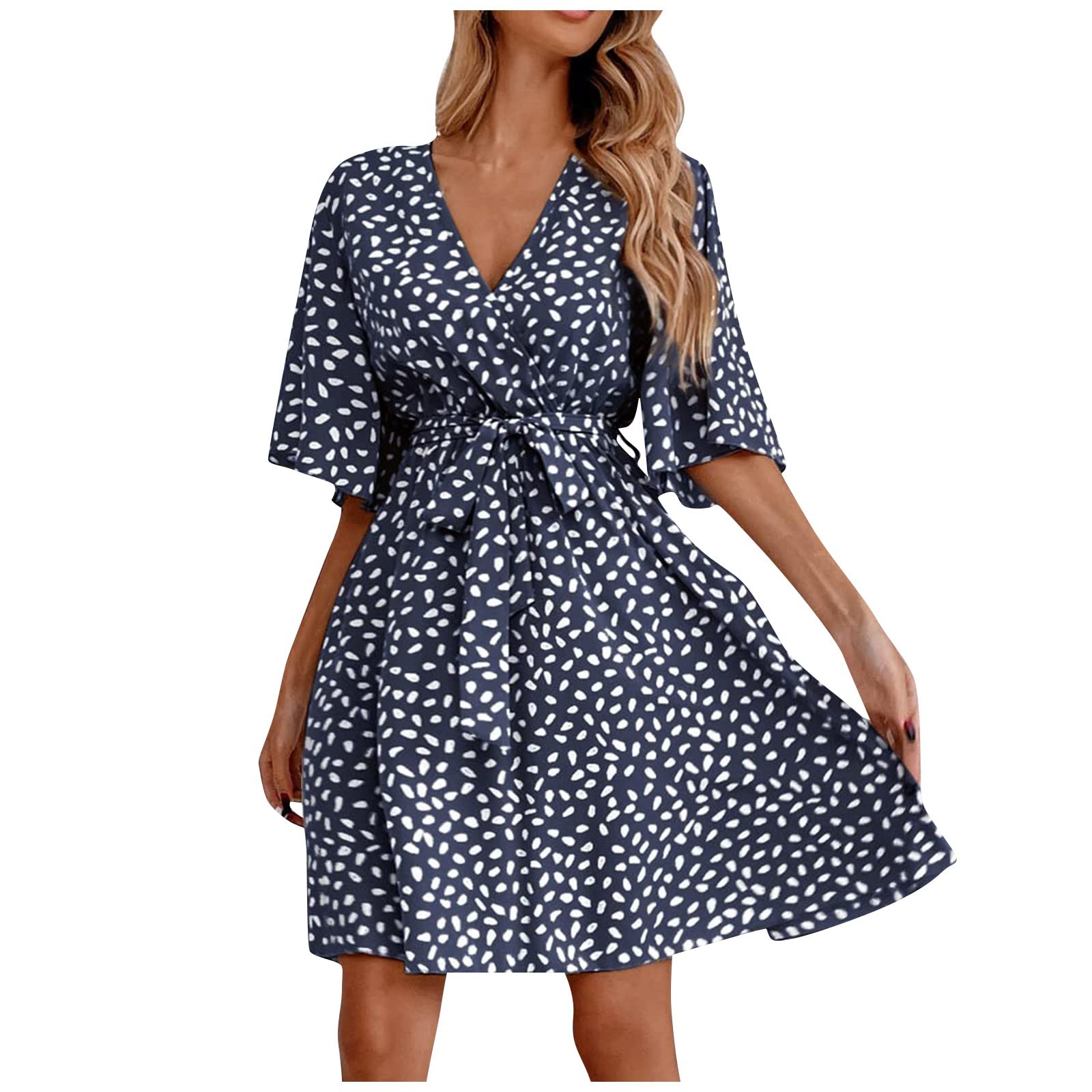 Eaktool Women's Floral Print V-Neck Belted Midi Dress for Wedding Guest, Casual Party, and Summer Occasions - Comfortable Loose Fit in Sizes S-XL