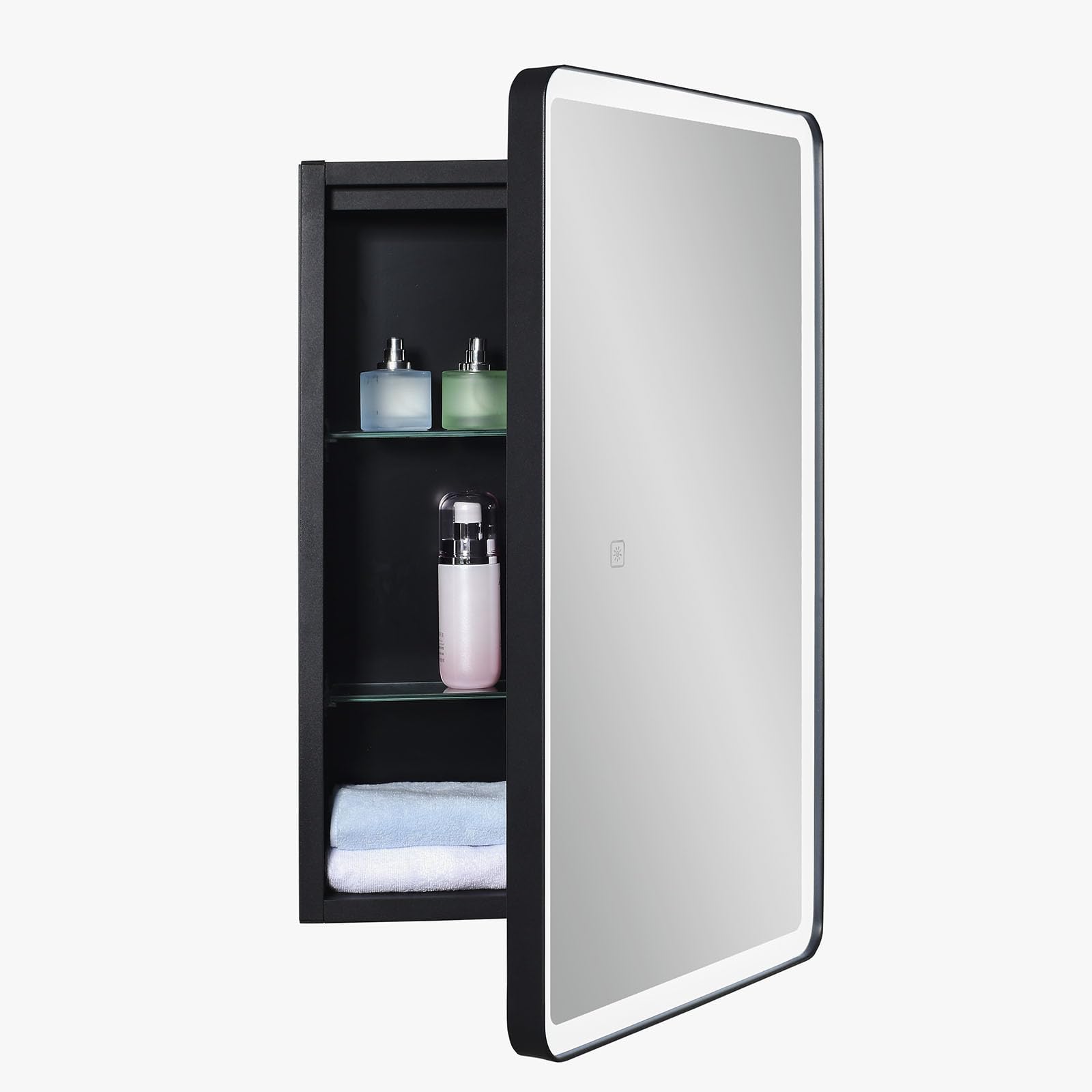 15x25 Inch LED Bathroom Medicine Cabinet with Round Corner Framed Mirror - Right Hand Opening, Recessed/Surface Mount, Adjustable Glass Shelves for Vanity Storage & Makeup Organization (Perfect for Small Bathrooms & Powder Rooms)
