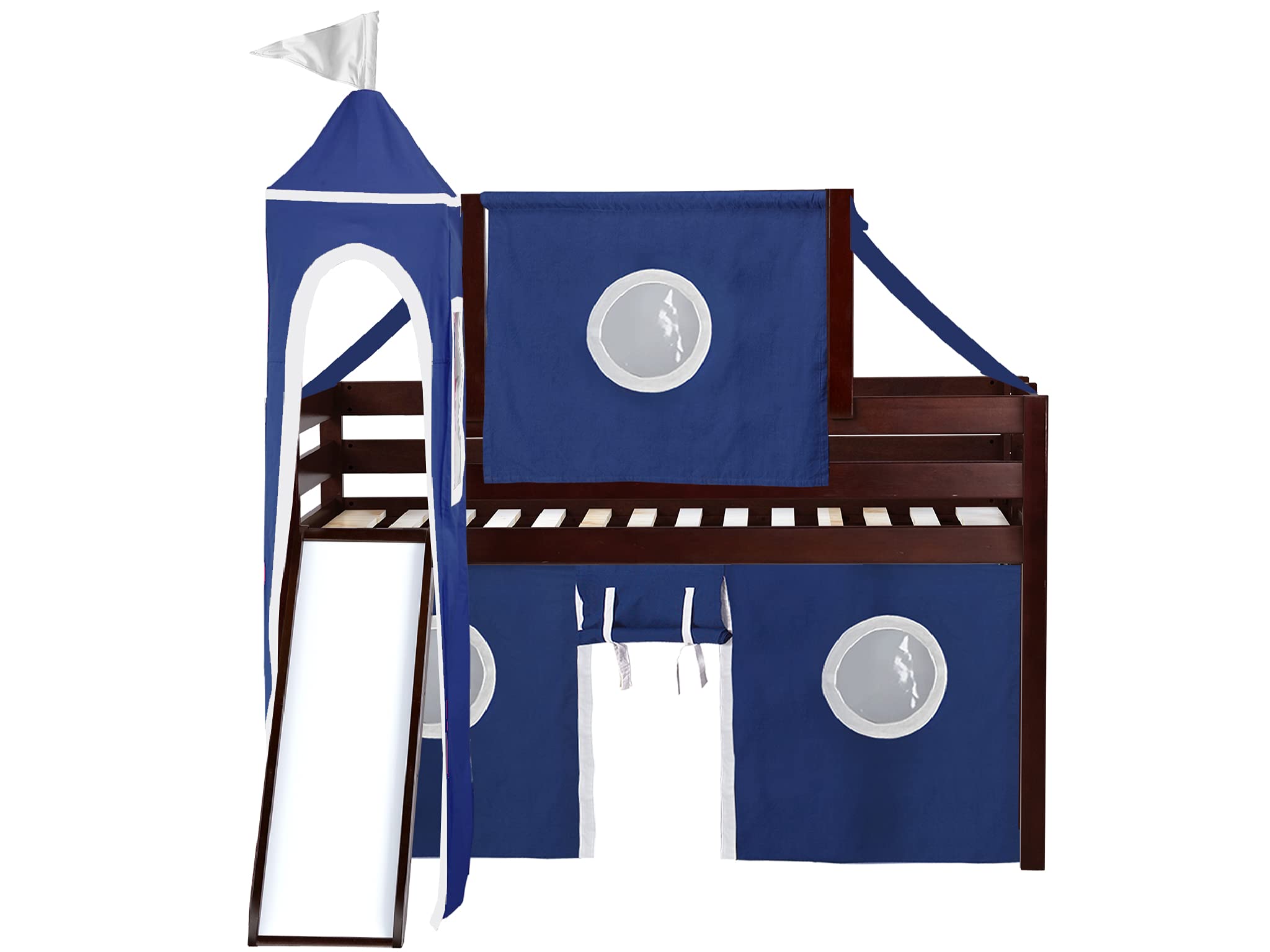 JACKPOT! Twin Size Castle Low Loft Bed with Slide - Blue & White Play Tent & Tower - Cherry Wood Finish - Perfect for Kids Bedroom & Playroom Adventures
