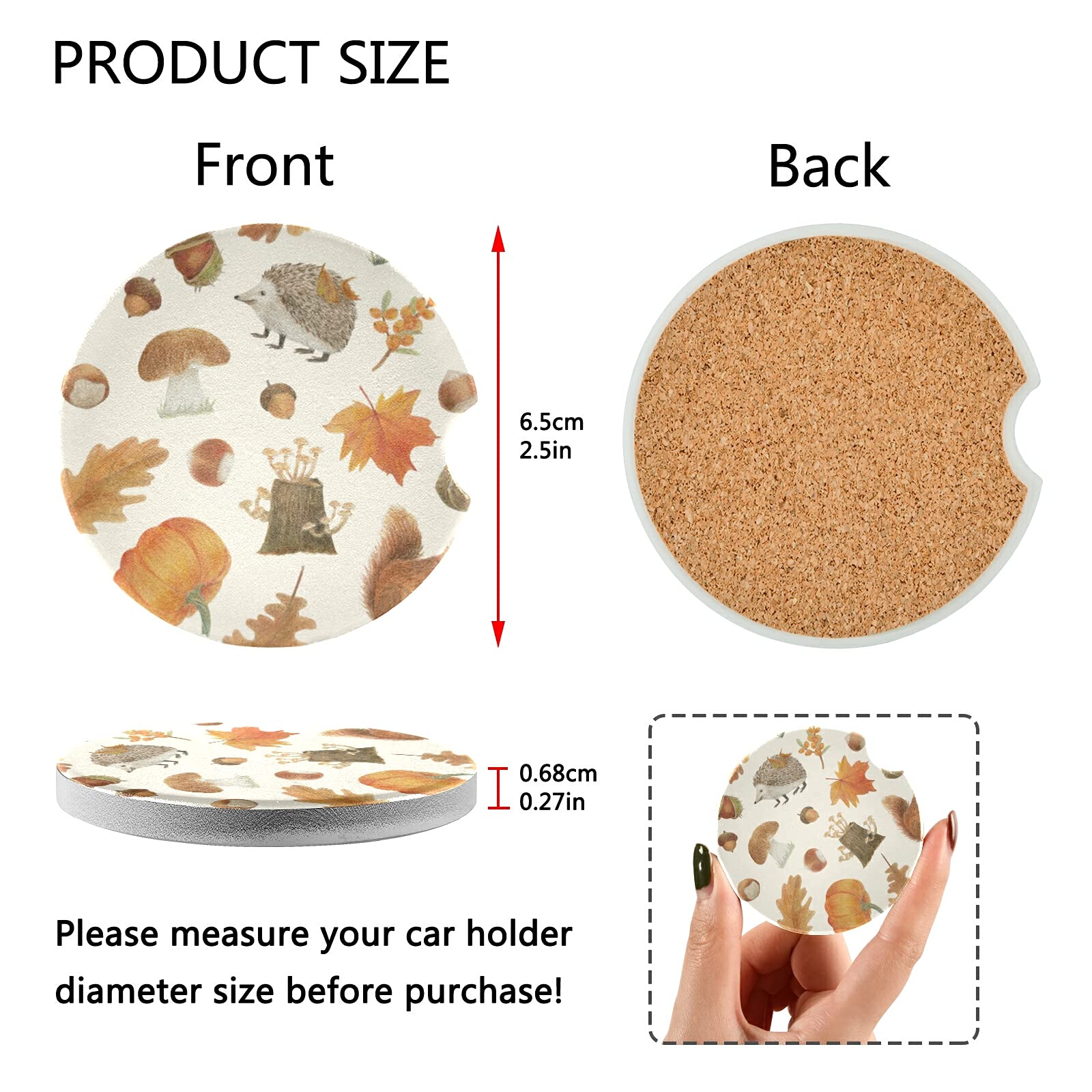 Hedgehog & Squirrel Autumn Leaf Ceramic Car Coasters (2 Pack) - Absorbent Drink Cup Holder Coasters for Men & Women - Cute Car Accessories (2.56in) - Perfect for Coffee, Tea & Beverages in Vehicles