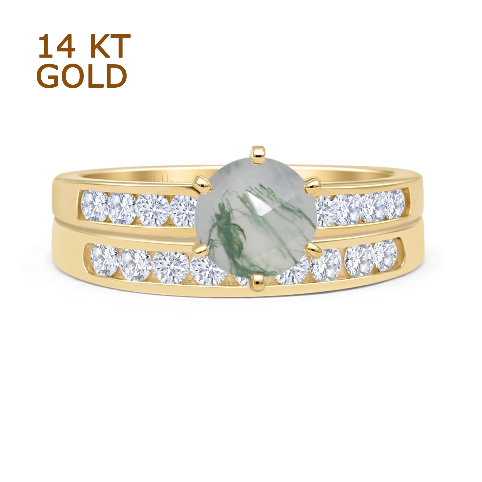 14K Yellow Gold Two-Piece Half Eternity Band Ring with Round Natural Green Moss Agate - Elegant Cathedral Setting for Wedding, Anniversary & Special Occasions