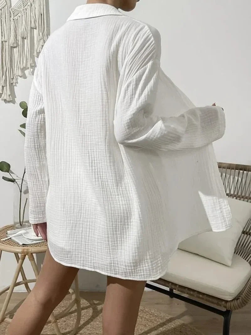 100% Cotton Women's 2-Piece Gauze Muslin Set - Long Sleeve Shirt & High Waist Loose Shorts | Summer Casual Outfit, Beach Cover-Up, Lounge Wear