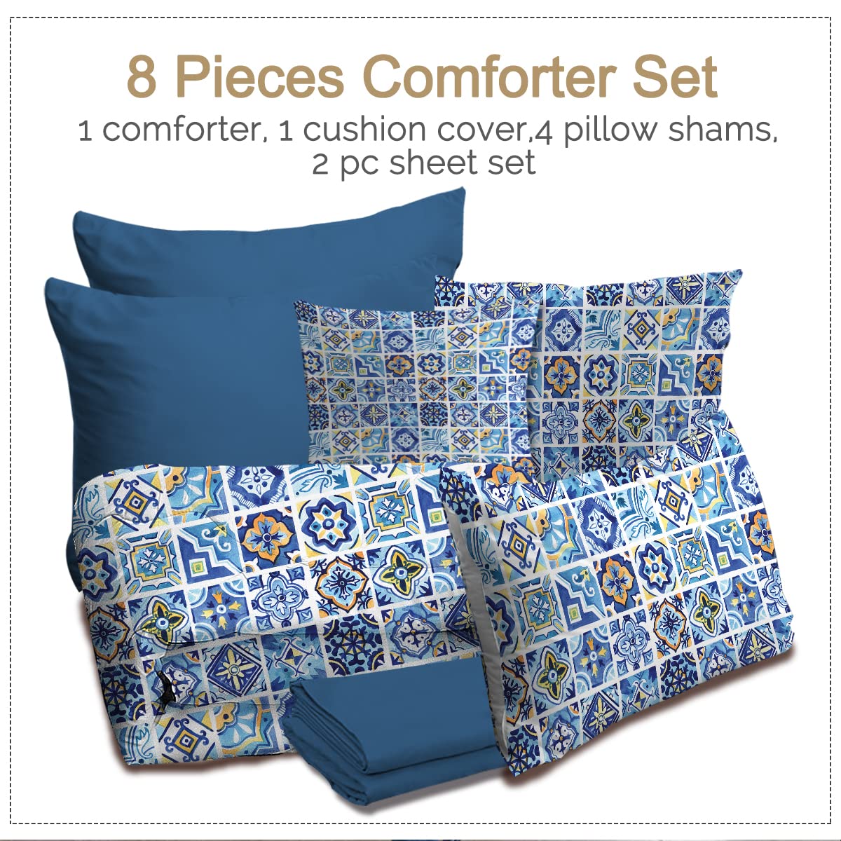 BlessLiving 8-Piece Mediterranean Tile Comforter Set - Full Size Navy & Yellow Down Alternative Bedding | All-Season Traditional Bed in a Bag with Comforter & Sheets | Perfect for Guest Rooms, Vacation Homes & Coastal-Themed Bedrooms