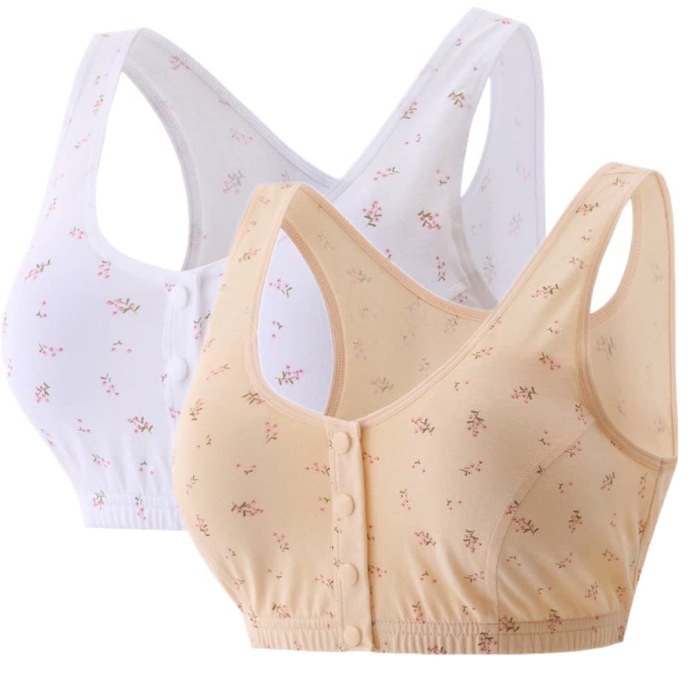 2 Pack Medium Wireless Cotton Bras for Elderly Women - Soft Cup, Front Closure, No Pads - Comfortable Everyday Wear for Seniors (Ideal for Home, Nursing & Relaxation)
