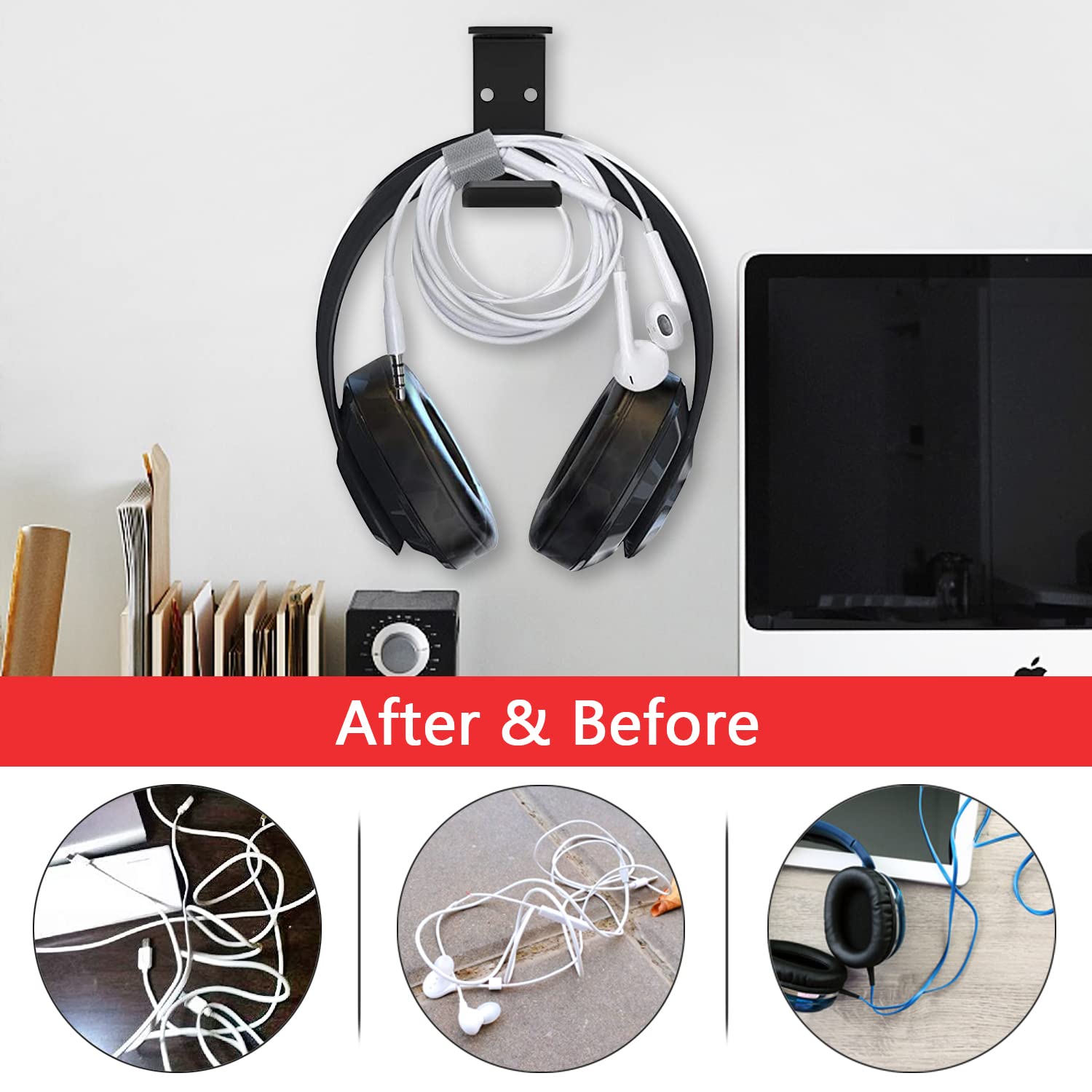 Libershine 2-Pack Headset Stand Holder with Strong Adhesive - Gaming Headphone Hook for Desk/Wall/Table - Perfect for Organizing Headphones, Cables & Controllers in Home Office & Gaming Setup