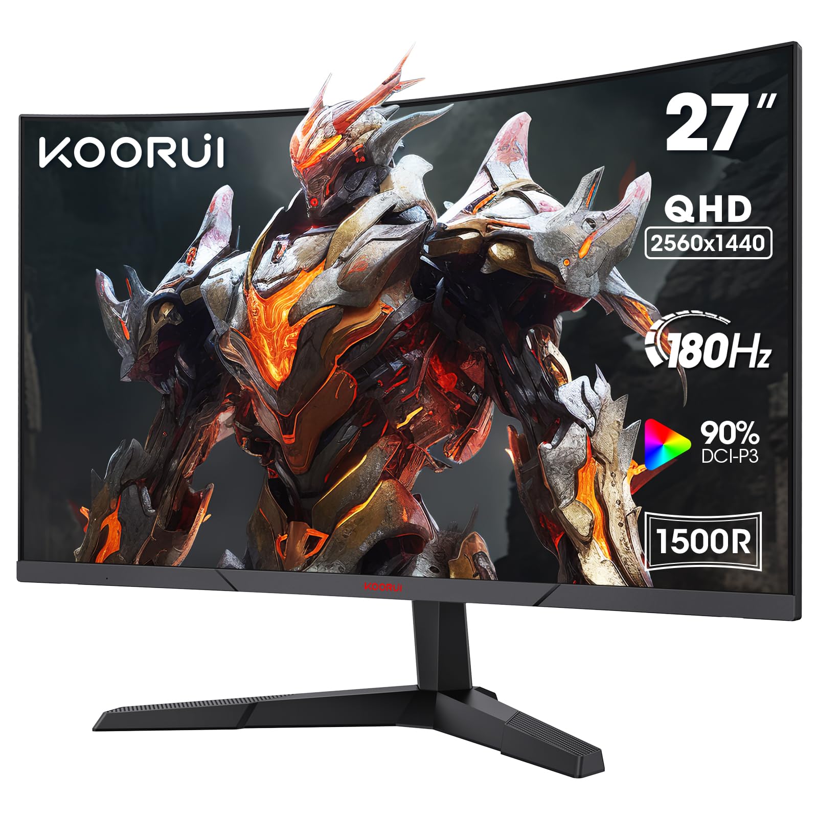 KOORUI 27 Inch Curved Gaming Monitor - QHD 2560x1440, 180Hz Refresh Rate, 1ms Response Time, AMD FreeSync, HDR10, VESA Mount, DisplayPort & HDMI Ports - Perfect for Esports, PC Gaming, and Home Office Setup
