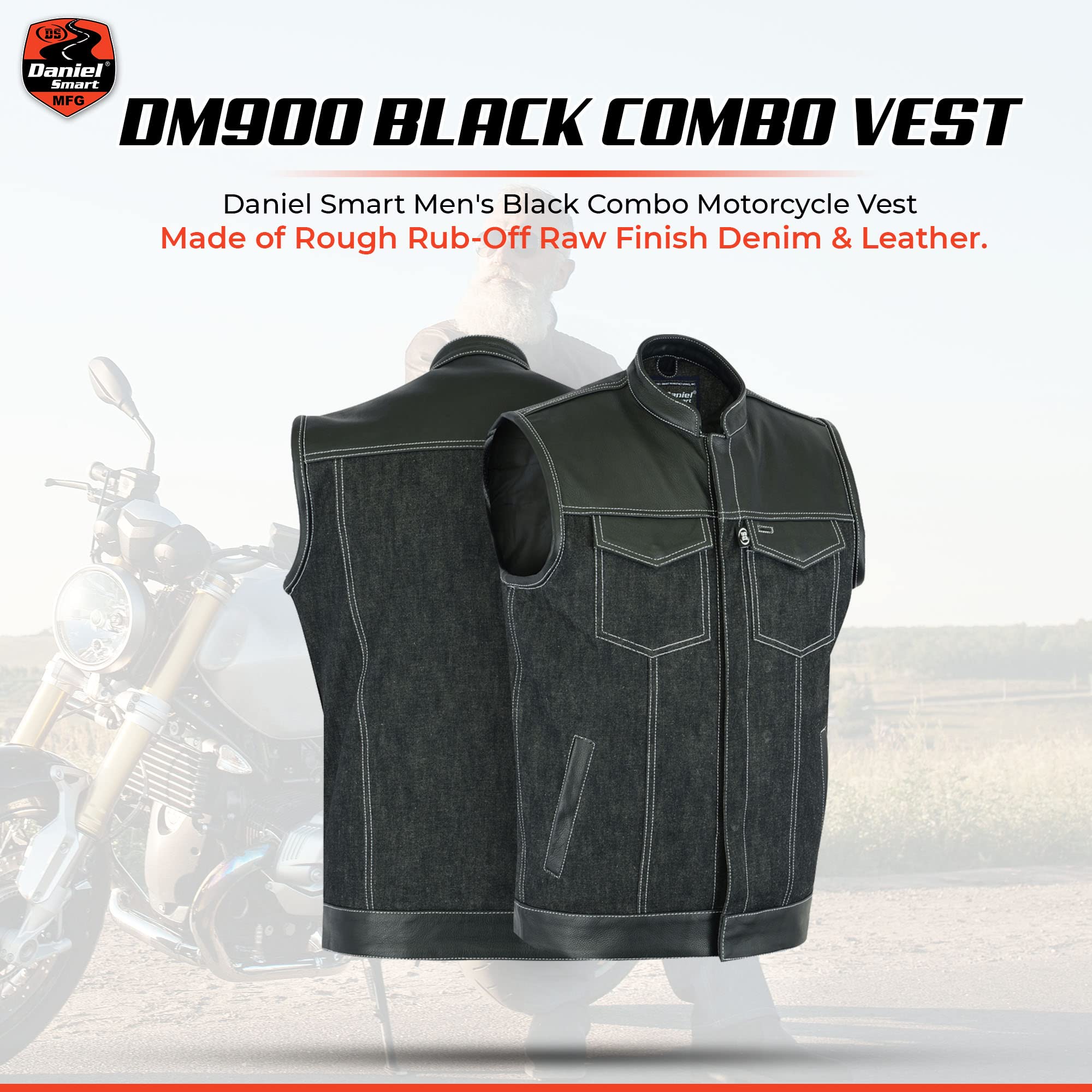 Daniel Smart Biker Vest for Men - Black Denim Motorcycle Vest with Leather Trim & Hidden Weapon Pocket | Riding Gear for Harley Davidson & Cruiser Bikes | Outdoor Adventure & Urban Style