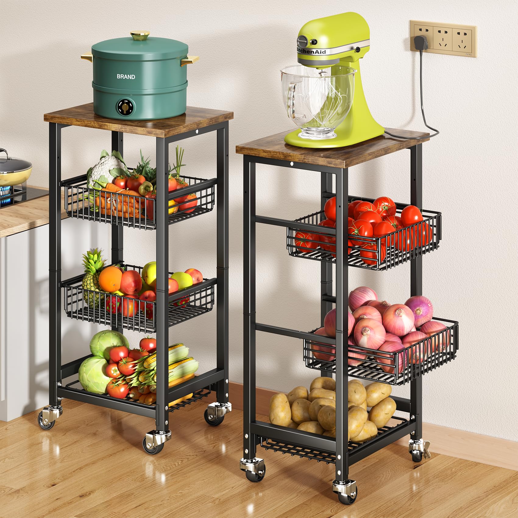 SNTD Wooden Top Fruit Basket with Drawer & Wheels - Kitchen Storage Bowl for Fruits, Vegetables, Onions, Potatoes - Perfect for Pantry, Countertop & Mobile Kitchen Organization (Black)