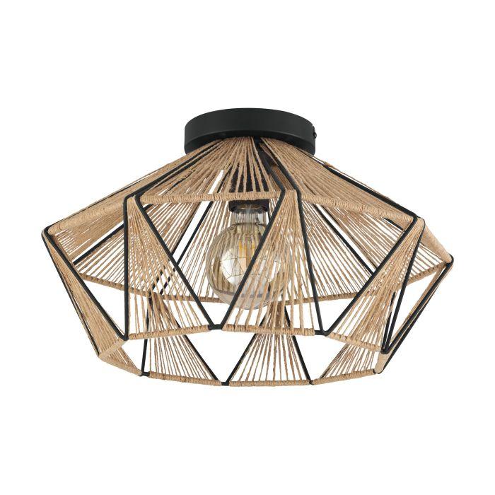 Eglo Adwickle Modern Flush Mount Ceiling Light - Black Metal & Hemp Shade - Perfect for Bedroom, Kitchen, or Hallway Lighting