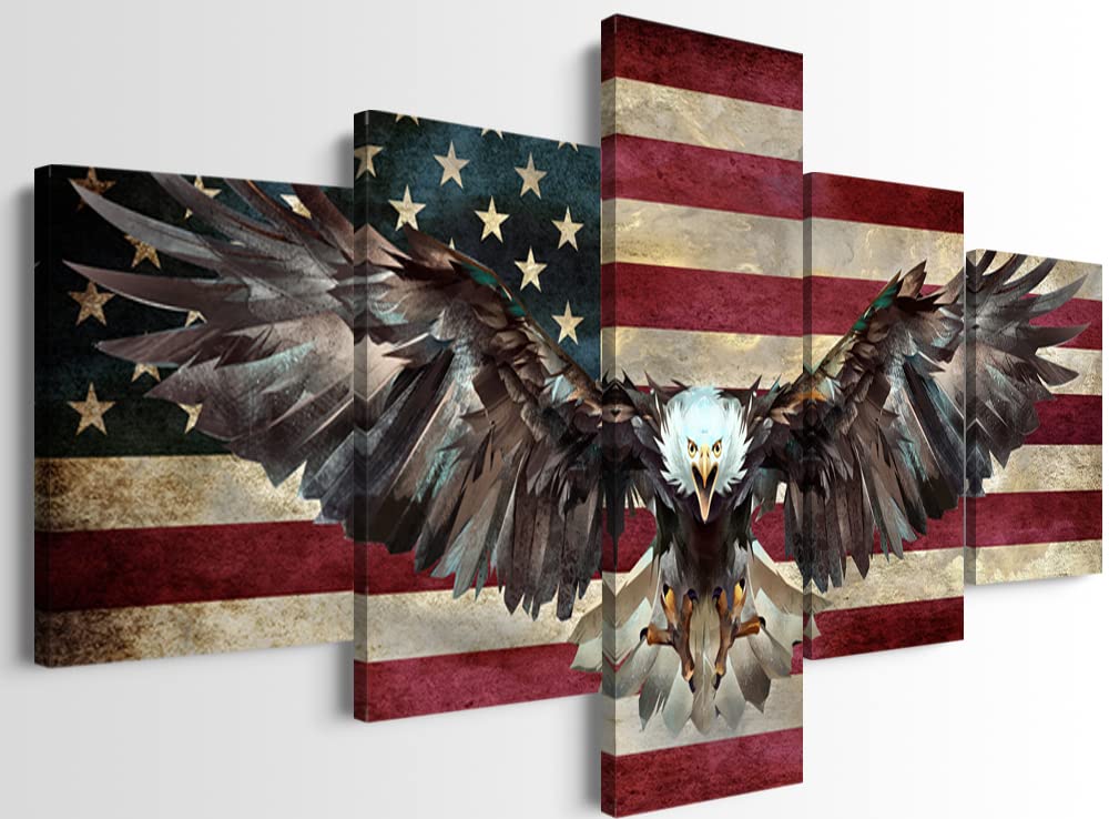 5 Piece American Flag Wall Art Set - Bald Eagle Wooden Canvas Patriotic Decor for Home & Office - Military Army Themed Wall Decor (60''W x 32''H) - Perfect for Living Room, Bedroom, or Office Display
