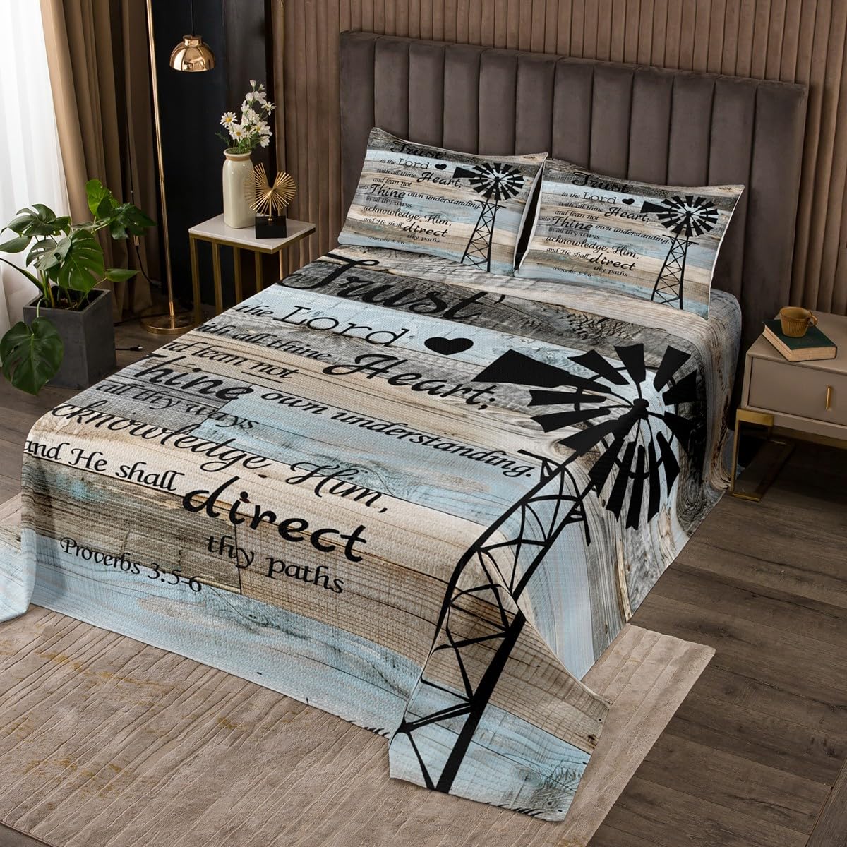 Rustic Farmhouse Twin Quilt Set - Vintage Windmill Patchwork Bedspread for Kids Boys Girls | Brown Gray Blue Barn Door Bedding | 2-Piece Cabin Lodge Decor | Perfect for Cozy Bedrooms & Country-Themed Nurseries