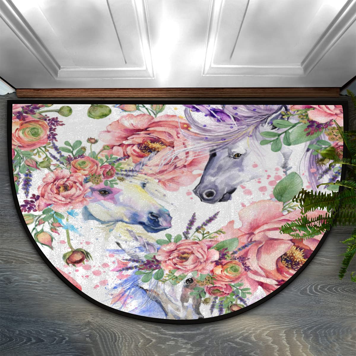 Half Round Non-Slip Rubber Doormat 24x36 Inch - Unicorn Rose Garden Design, Dirt Trapping Outdoor Entry Mat for Front Door, Indoor/Outdoor Welcome Rug - Perfect for Porch, Patio, Garage & Mudroom Entryways