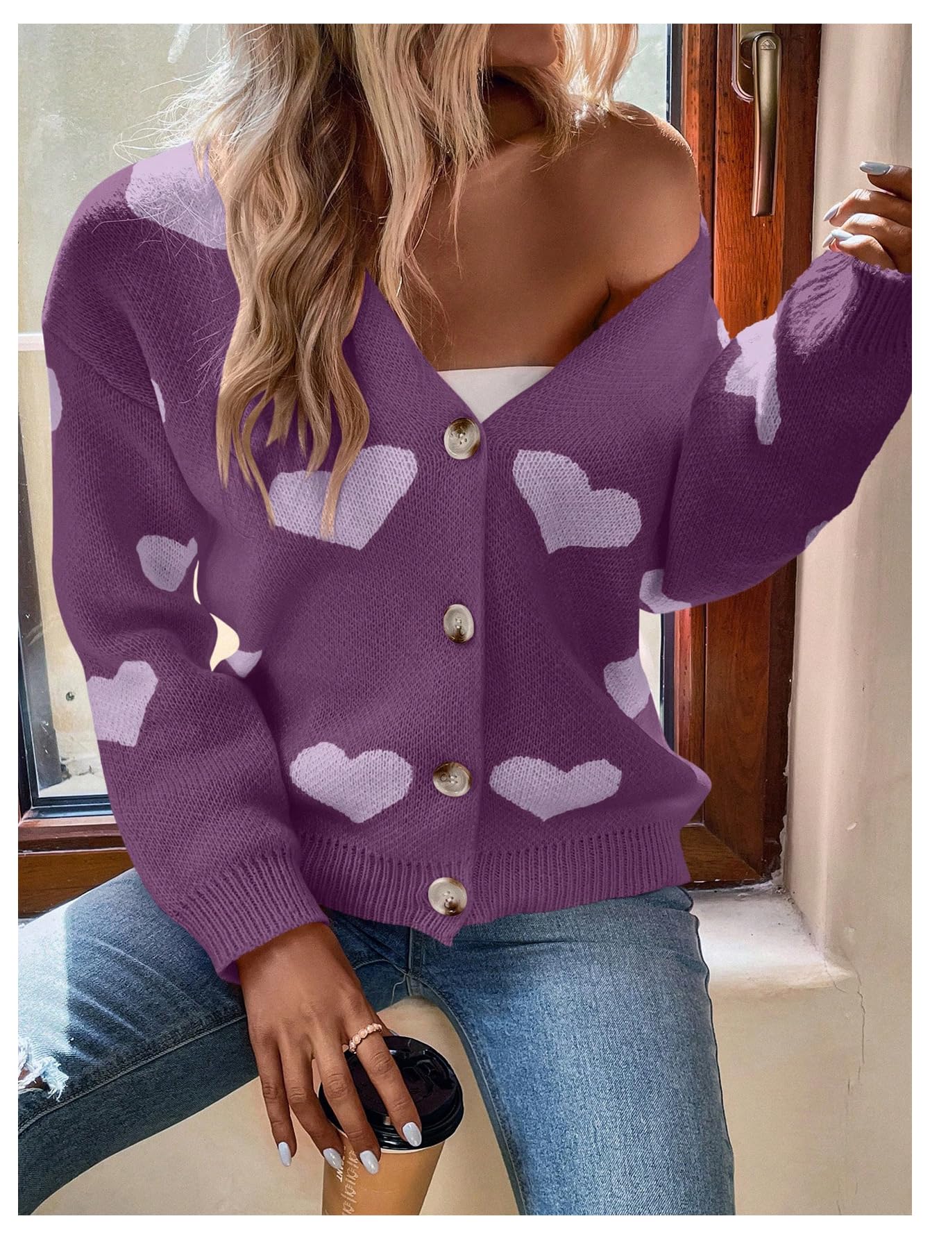 SHENHE Women's Cute Heart Print Button Down Cardigan - Soft V-Neck Sweater Coat for Casual Wear, Office & Date Nights