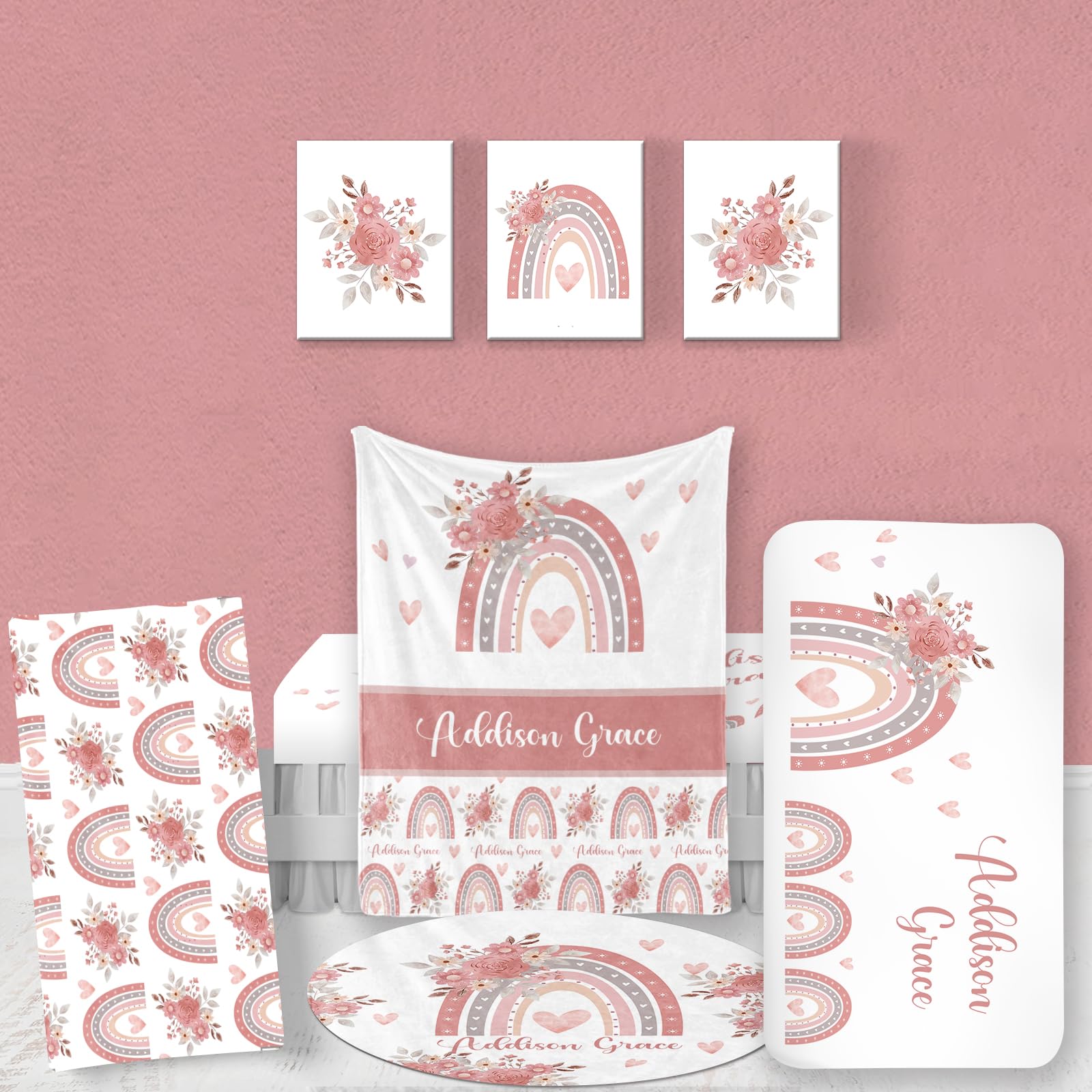 Custom Nursery Crib Bedding Set - Personalized Baby Blanket, Fitted Crib Sheet & Changing Pad Cover with Pink Rainbow Pattern | Perfect Nursery Decor & Baby Shower Gift for Girls (Fixed Size) | Ideal for Newborn Rooms, Daycare Centers & Nursery Theming