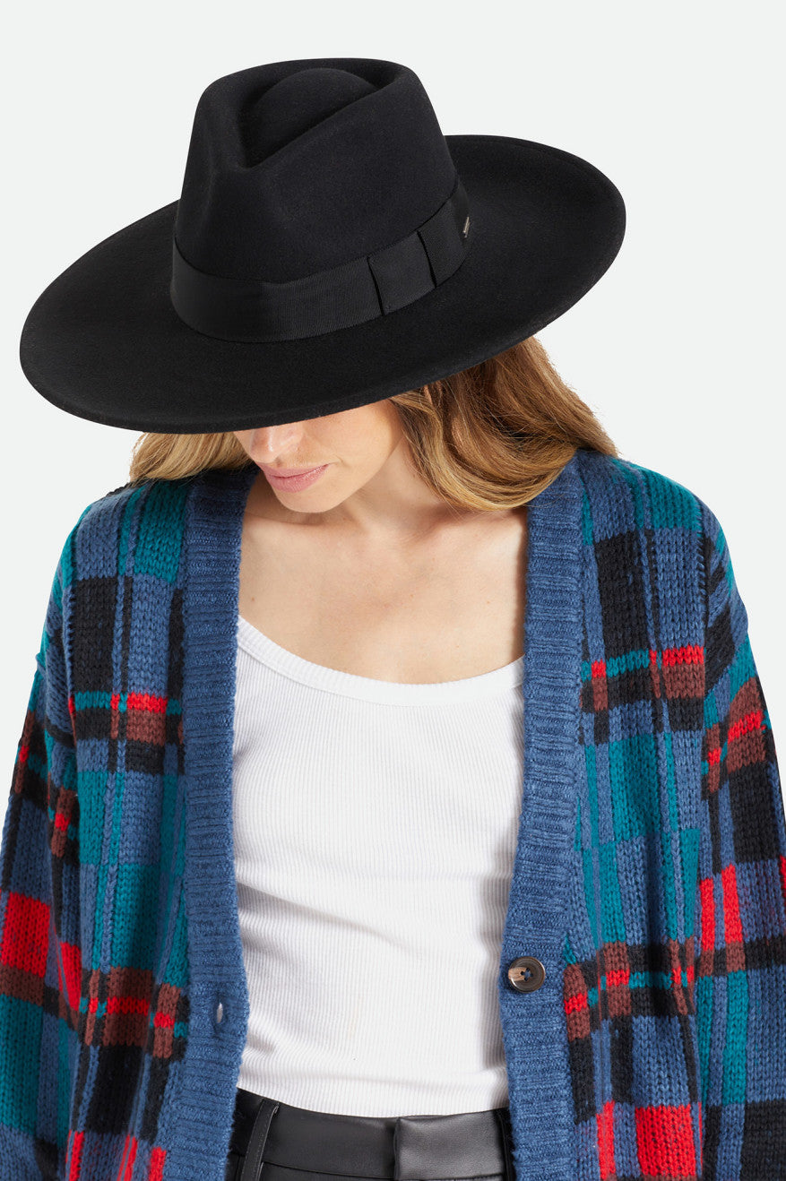 Joanna Black Felt Hat for Women - Stylish Wide Brim Fedora for Outdoor, Party & Fashion Accessories