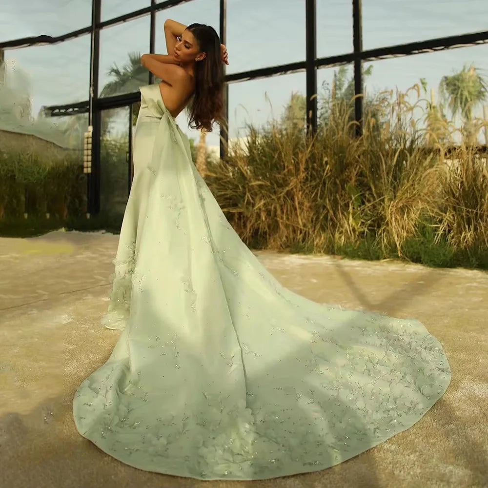 Elegant Dubai Arabic Sage Green Satin A-Line Evening Gown with Crystal Appliques for Formal Occasions - Perfect for Weddings, Galas, and Red Carpet Events