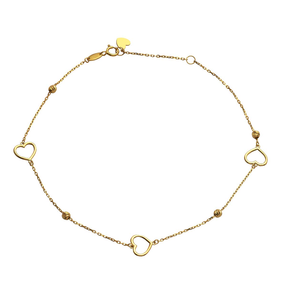 10k Gold 0.5mm Heart & Beads Charm Anklet Bracelet - Adjustable 9