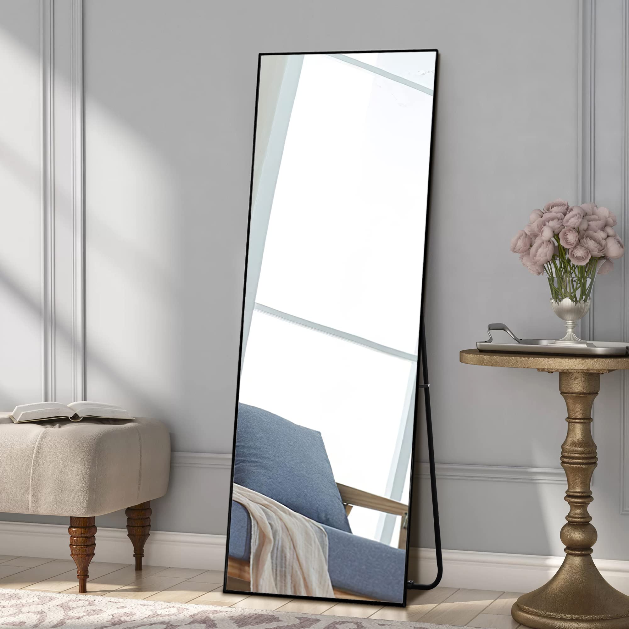 NeuType Full Length Mirror 59x16 Inches - Standing Floor Mirror with Stand, Wall-Mounted or Leaning Mirror - Aluminum Alloy Thin Frame (Black) for Bedroom, Living Room, Dorm, Gym, and Dance Studio