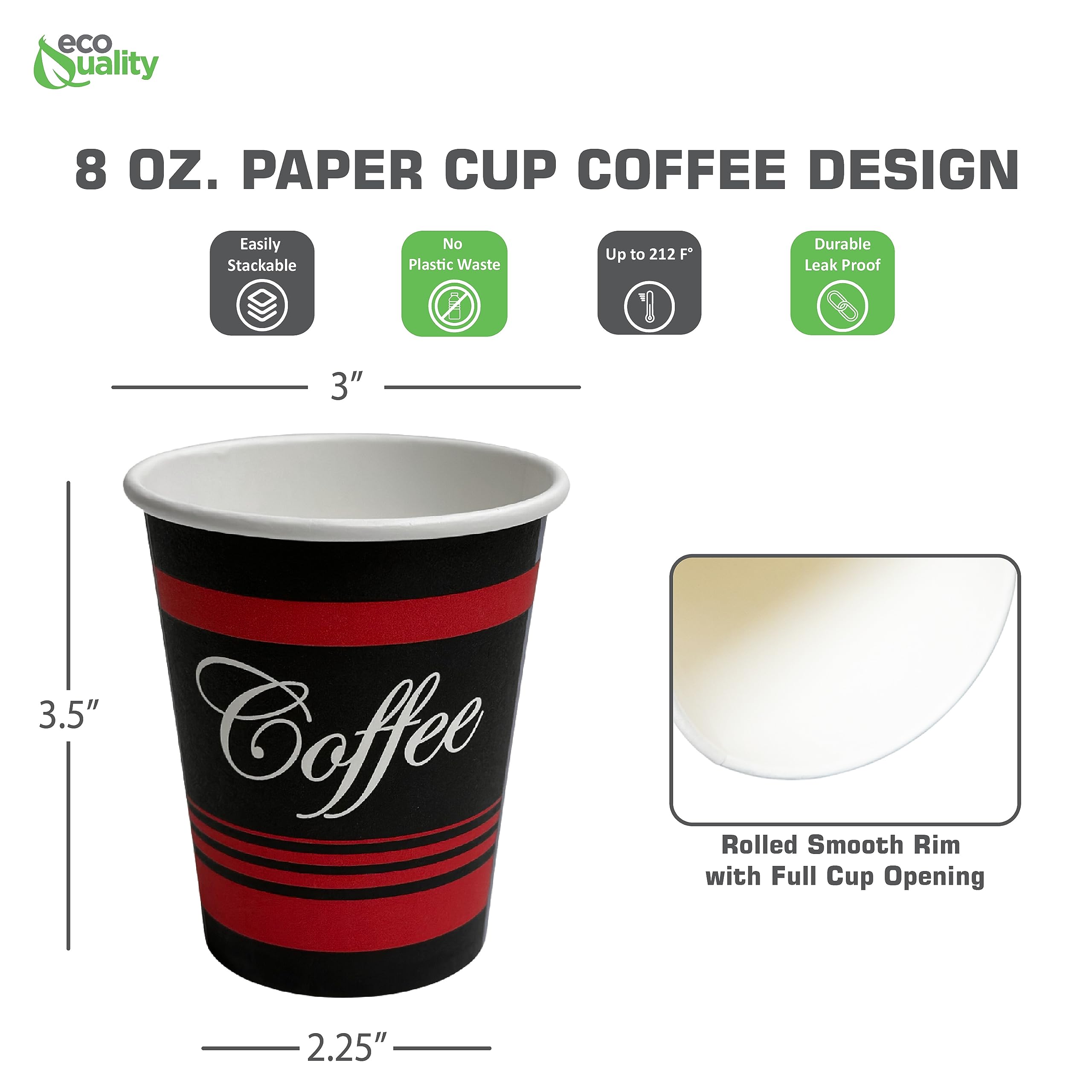EcoQuality 8 oz Disposable Paper Coffee Cups - 1000 Pack, Restaurant Grade Hot Drink Cups for Coffee, Tea, Cappuccino, Hot Chocolate & Chai Latte | Perfect for Cafes, Offices, Events & Takeout Service