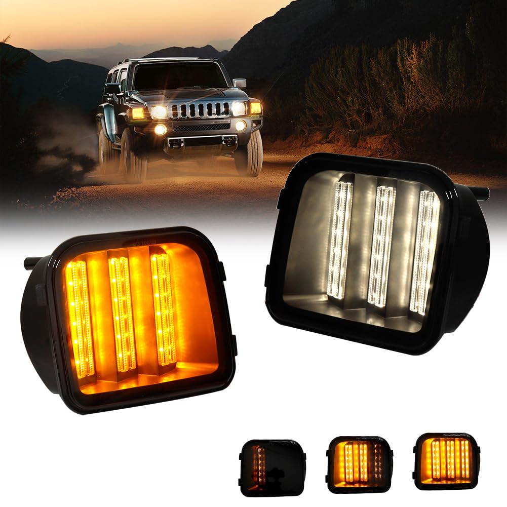 Smoked Lens Switchback White/Amber Sequential LED Turn Signal Lights - Compatible with 2006-2010 Hummer H3 & H3T - Front Bumper Corner Side Marker Parking Lights - Upgrade Your Ride for Enhanced Visibility & Style