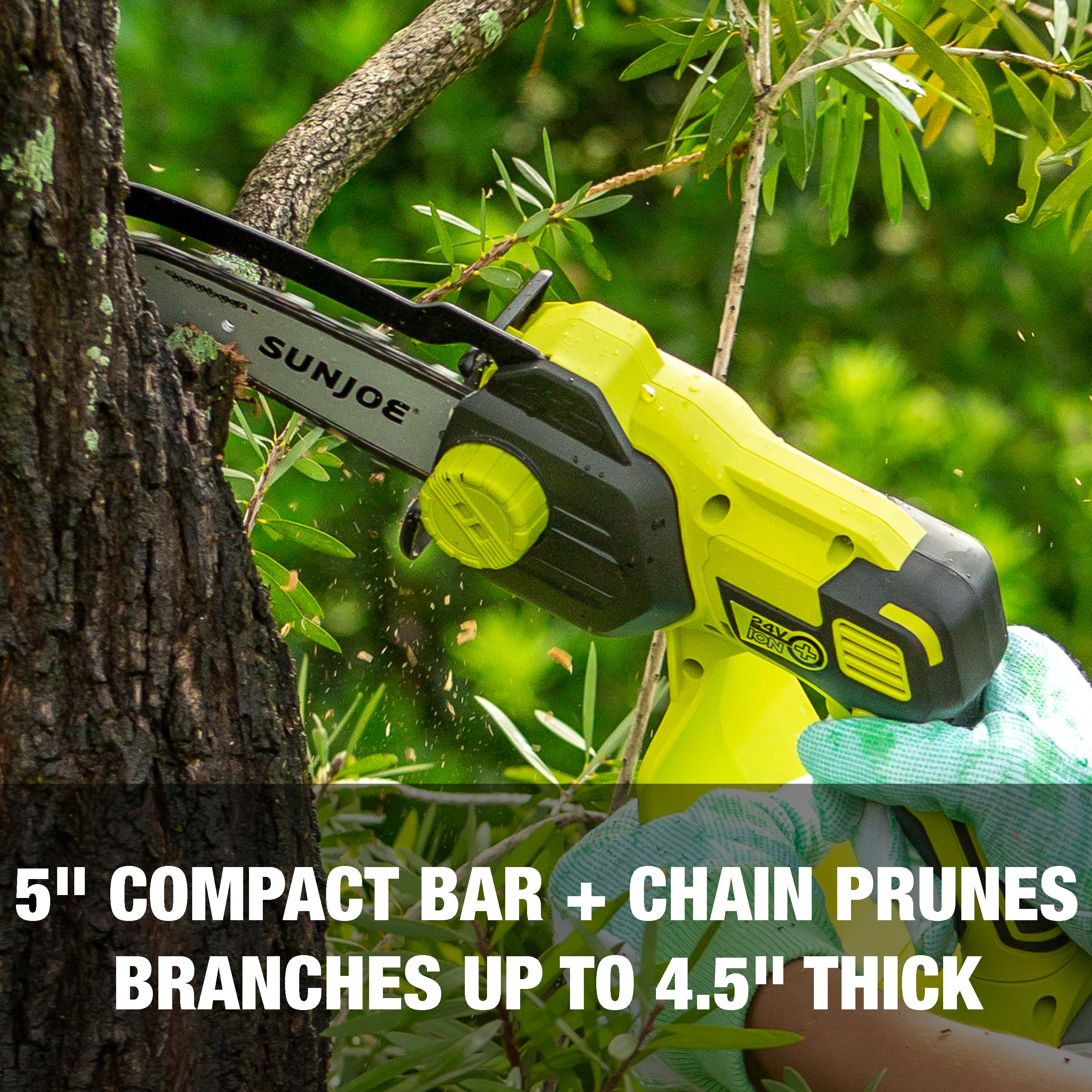 Sun Joe 24V Cordless Handheld Chainsaw - 5 Inch Pruning Saw with 2.0Ah Battery & Charger | Lightweight Lithium-Ion Power Tool for Tree Trimming, Yard Cleanup & DIY Projects