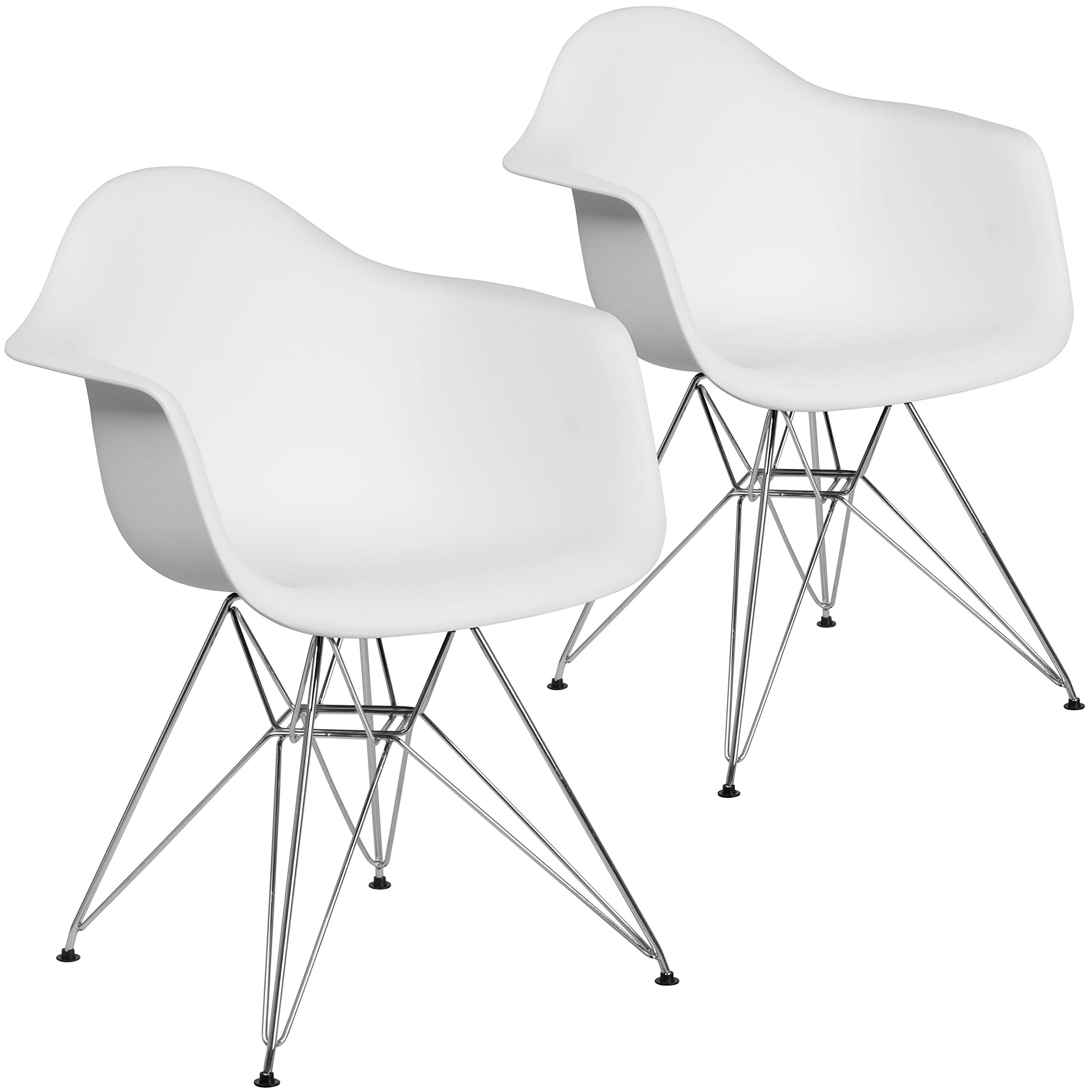 2 Pack White Plastic Arm Chairs with Chrome Base - Modern Accent & Side Chairs for Dining Room, Kitchen, Office or Outdoor Patio