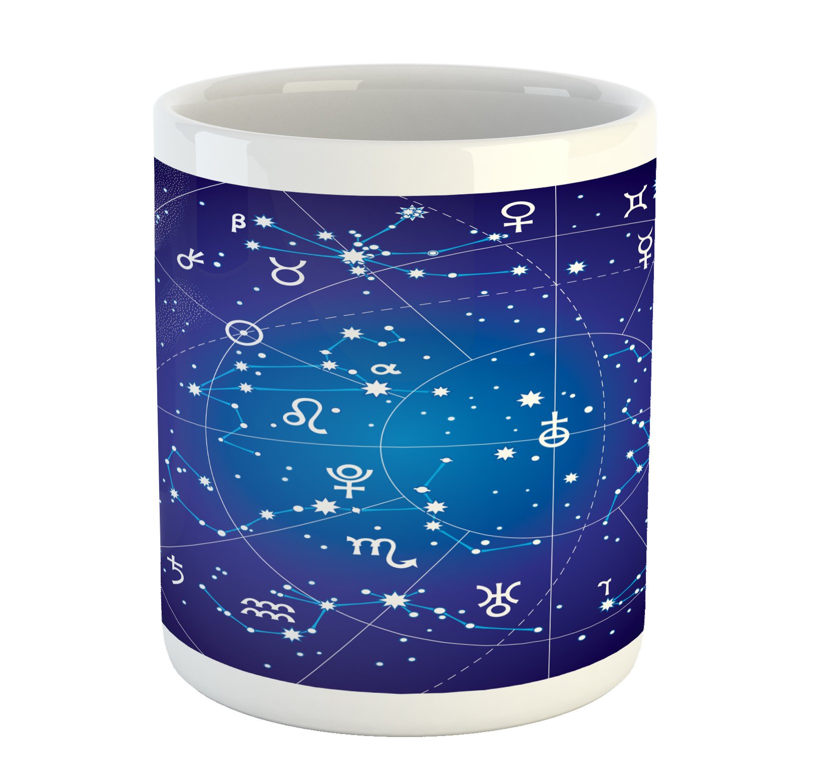 Ambesonne Astrology Mug - Zodiac Constellation & Planets Celestial Body Design, Printed Ceramic Coffee Cup for Tea & Hot Drinks, Dark Blue - Perfect for Stargazing, Gift Giving & Coffee Lovers