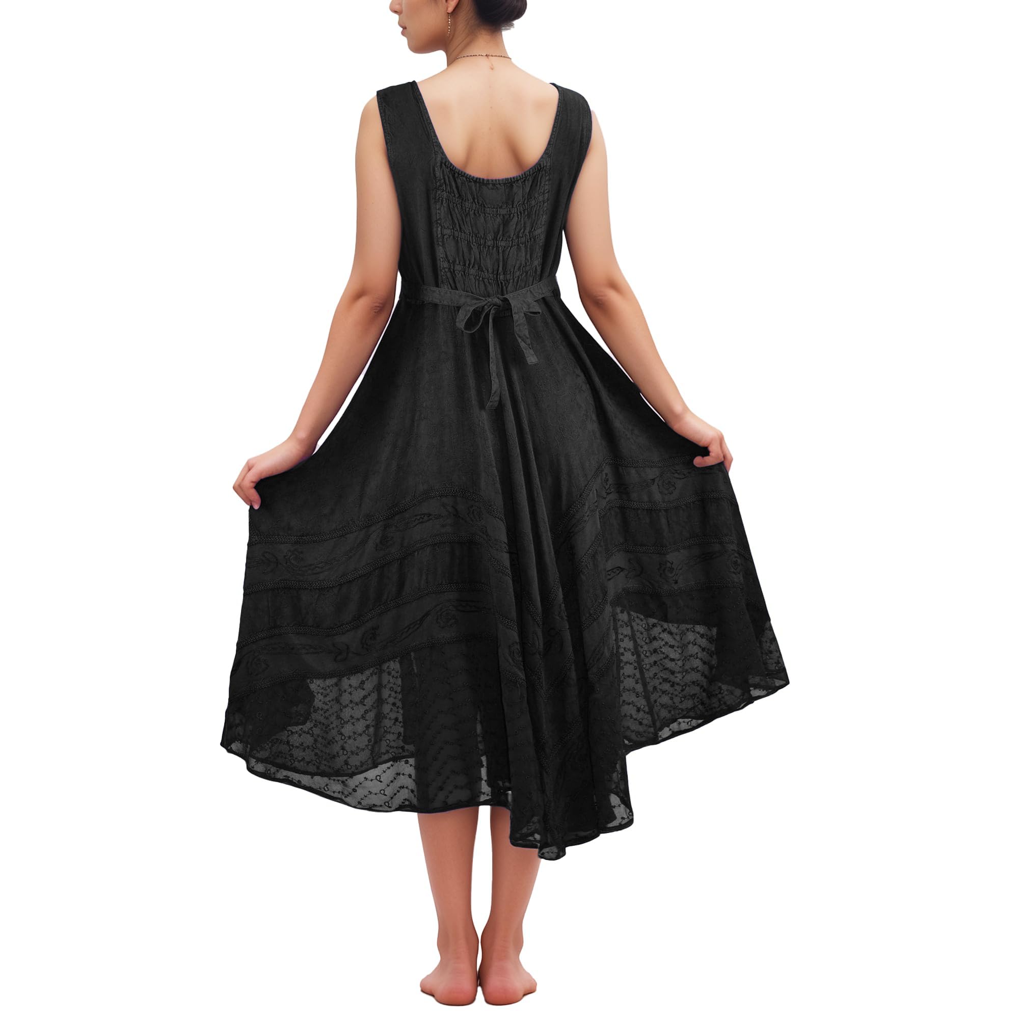Agan Traders Women's Gothic Corset Maxi Dress - Sleeveless Embroidered Smocked Summer Dress with Twirl Skirt | Perfect for Spring/Summer Weddings, Parties & Gothic Fashion