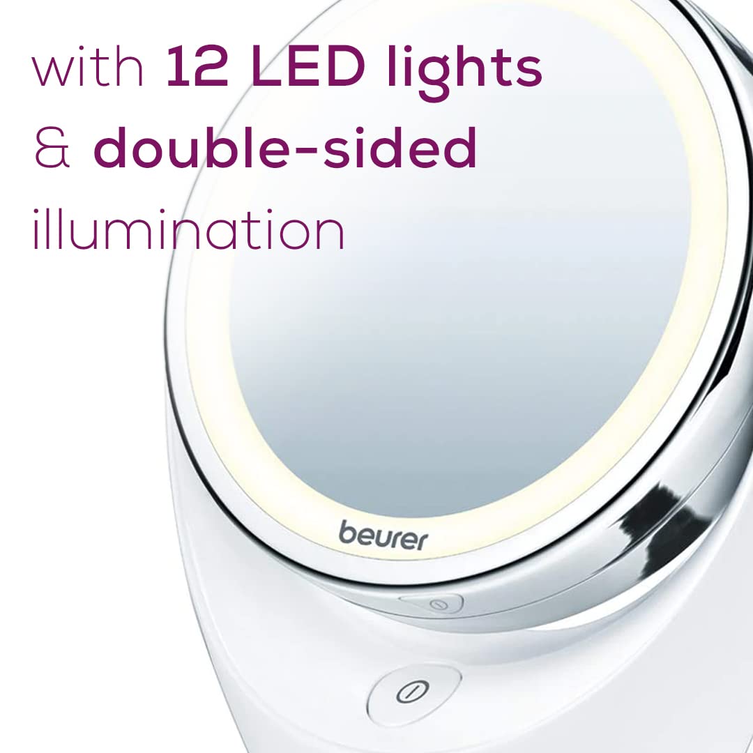 Beurer 5x Magnifying Double-Sided Cosmetic Vanity Makeup Mirror with LED Lights - 360° Swivel Rotation, Cordless (Model BS49) | Perfect for Makeup Application, Skincare Routine & Eyebrow Grooming