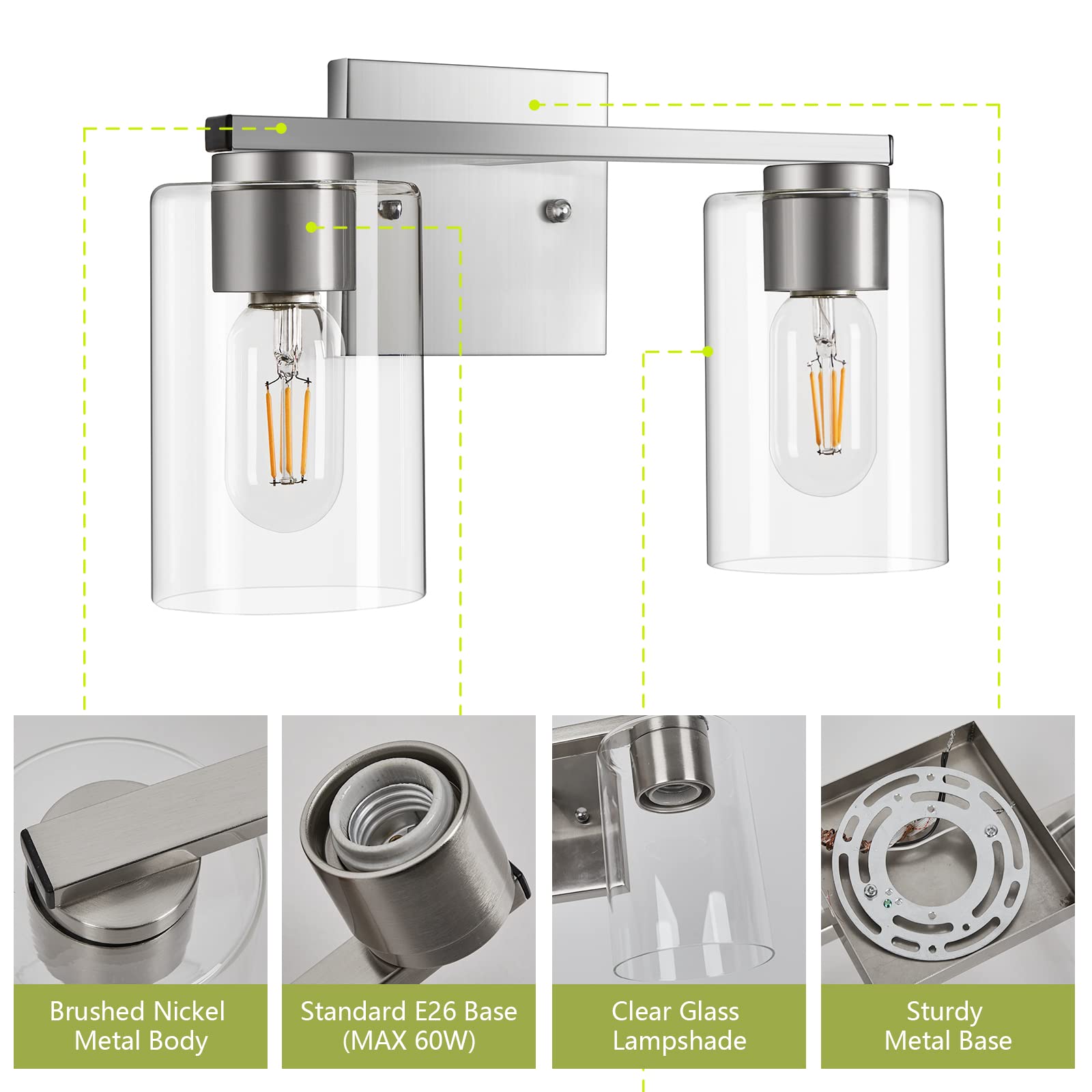 Brushed Nickel 2-Light Vanity Fixture - Modern Bathroom Wall Light with Clear Glass Shade for Mirror, Bedroom & Living Room | Dimmable LED Lighting for Makeup Vanity, Dresser & Hallway Decor