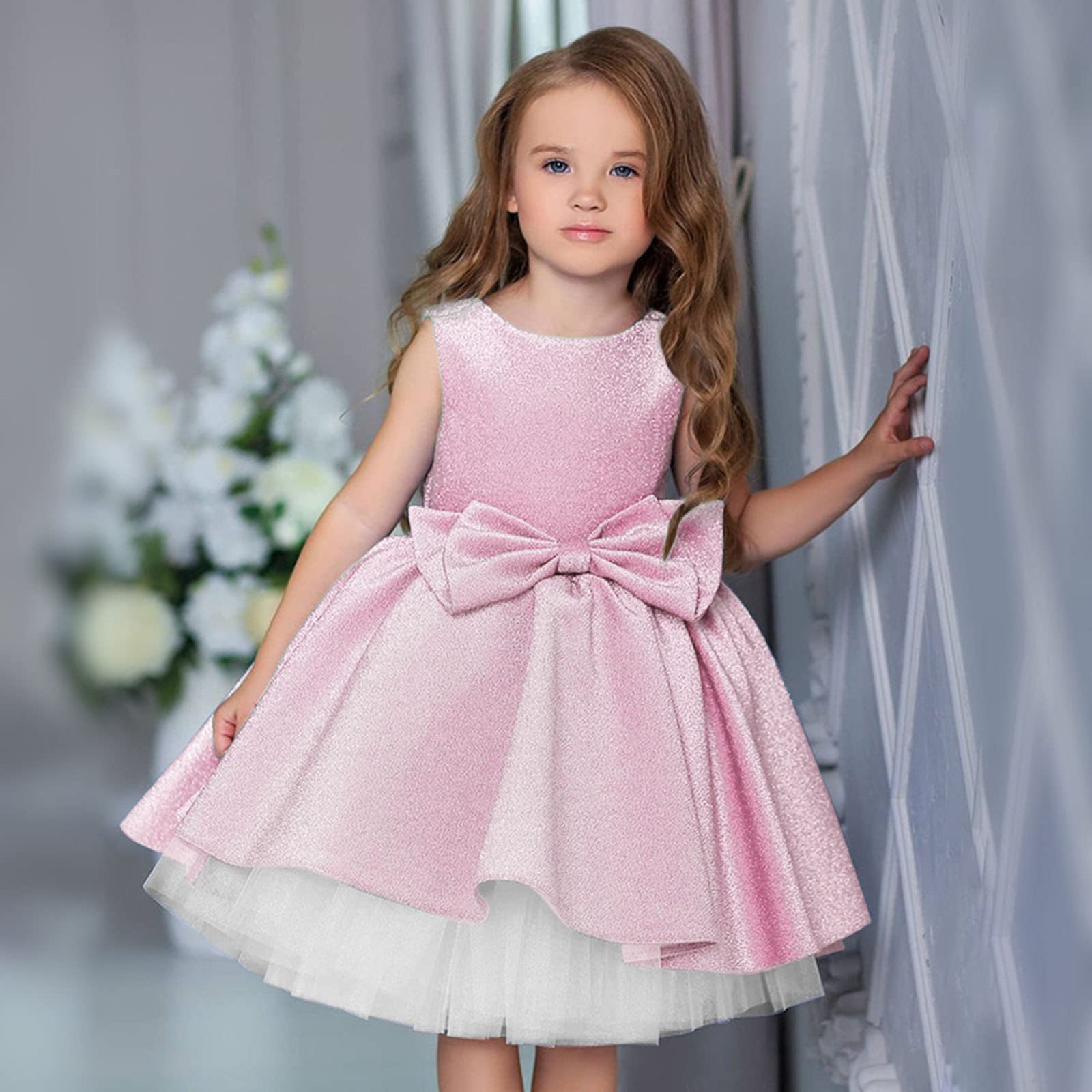**Baby Girls Wedding Guest Dress - Toddler Princess Bow Tulle Patchwork Party Dress - Perfect for Weddings, Birthday Parties & Special Occasions**