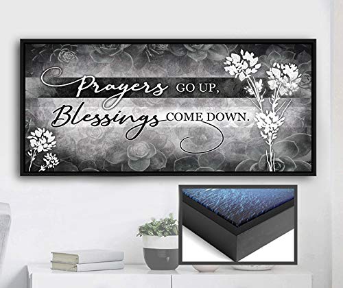 Prayers Go Up V2 Blessed Sign - Religious Christian Wall Art with Rustic Farmhouse Decor - Grey & Black Floating Frame 42x19 - Perfect for Home, Church & Office Inspirational Decor