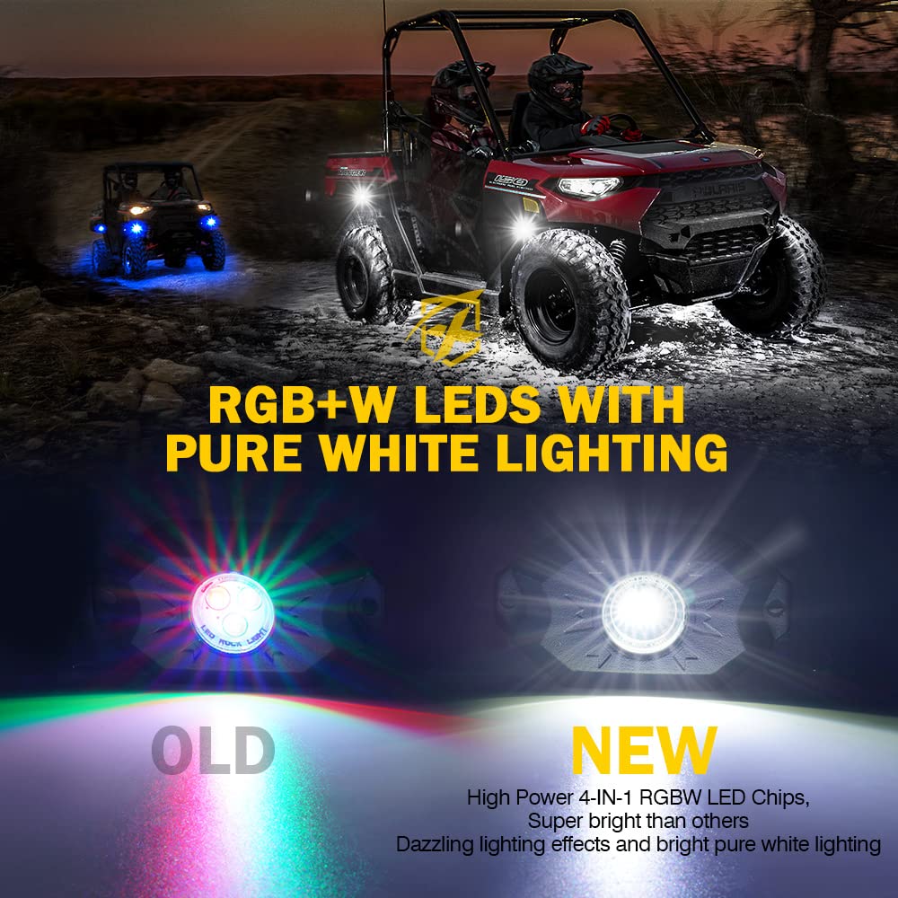 Xprite RGBW LED Rock Lights Kit with Bluetooth & Wireless Remote - 8 Pods Multicolor Underglow Lights for Cars, Trucks, SUVs, UTVs, ATVs, Motorcycles & Boats - Perfect for Off-Roading, Car Shows & Night Cruising