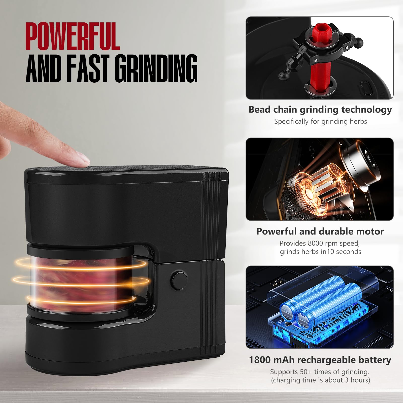 Electric Herb Grinder Portable - 1g Capacity with 1800mAh Battery & LED Lights - 12g Storage Box Included - Perfect for Kitchen, Travel & Outdoor Use - Black