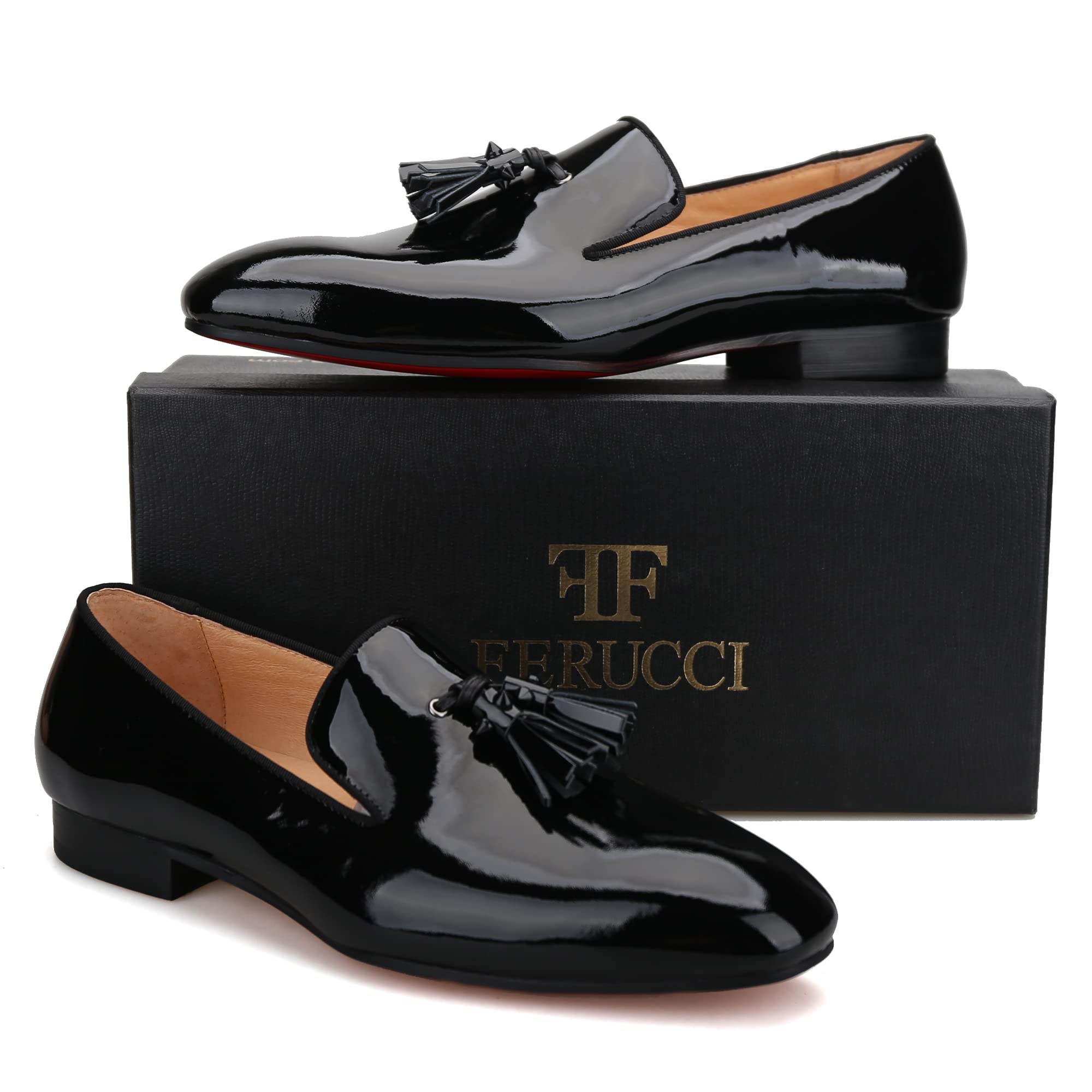 FERUCCI Men's Black Leather Loafers with Spikes & Tassels - Comfortable Dress Shoes for Wedding, Prom, Party & Formal Occasions