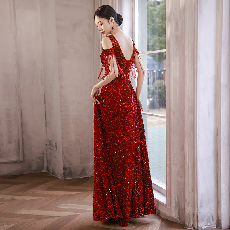 Elegant Burgundy Sequin Long Prom Dress with Tassel Details - Formal Evening Gown for Homecoming, Ball & Special Occasions