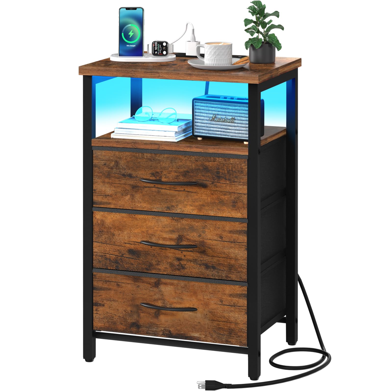 Yoobure Night Stand with Charging Station - 16 Color LED Bedside Table with USB Ports & Outlets, 3 Fabric Drawers & Storage Shelf - Small Space Bedroom Furniture for Apartment, Dorm, Living Room - Brown