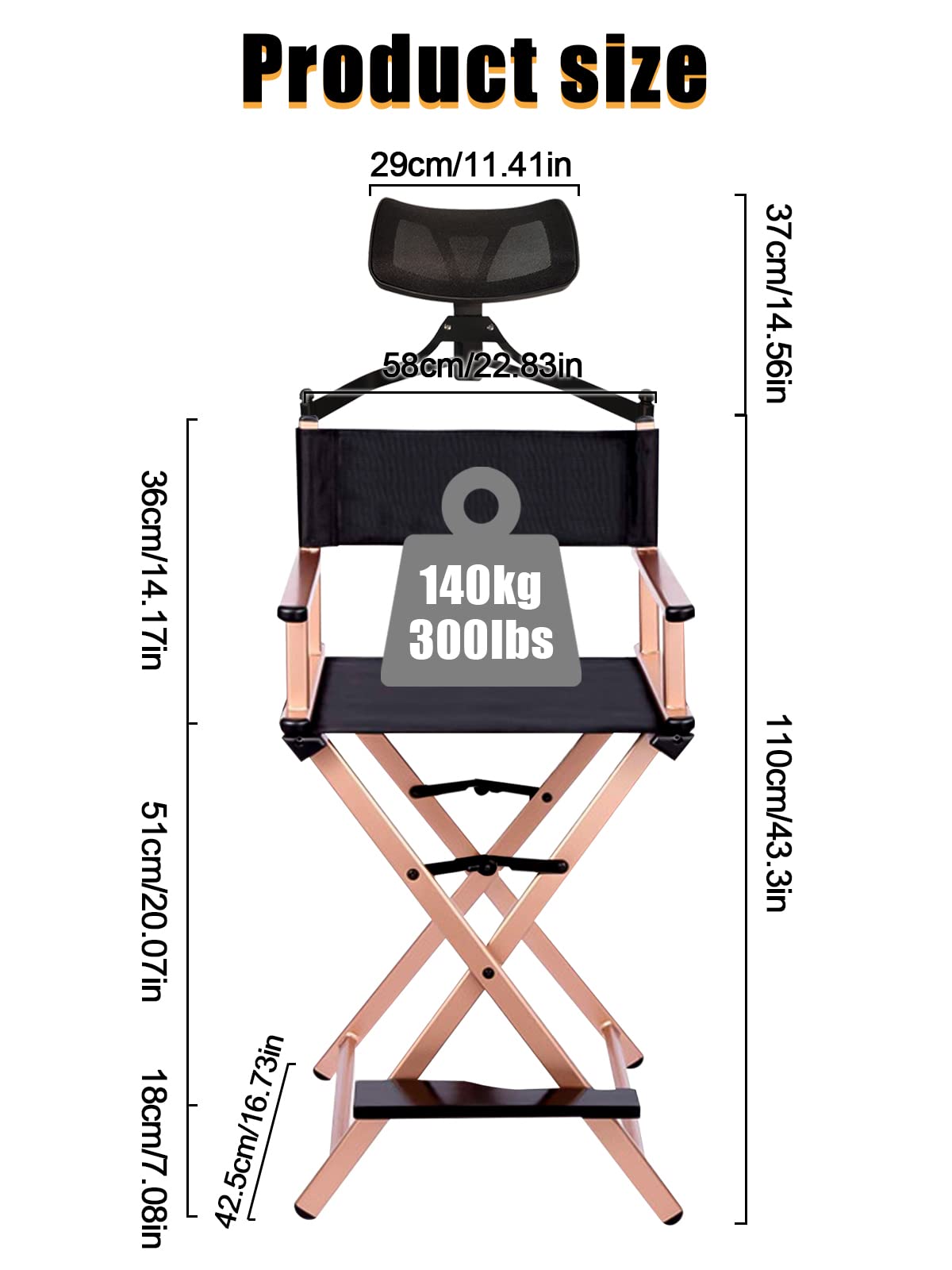 Lorvain Foldable Makeup Artist Stool Chair - Portable Tall Folding Director's Chair with Headrest, Aluminum Frame for Salon, Studio & Vanity - Bar Height Gold Stool for Professional Makeup, Hairstyling & Photography Sessions