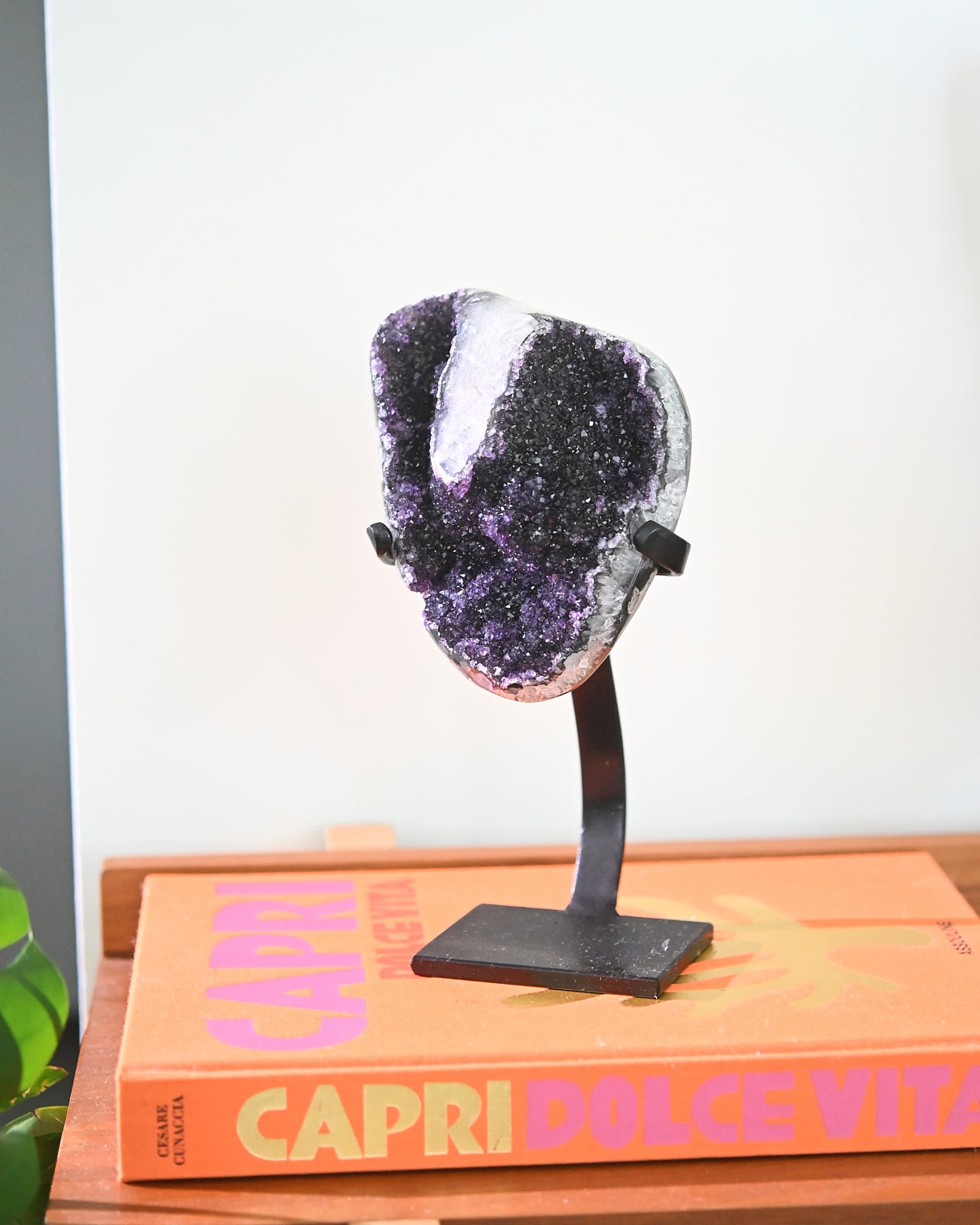 Natural Amethyst Crystal Geode on Wooden Stand - 4.8lbs Raw Purple Quartz Cluster for Home Decor, Meditation & Healing Crystal Gifts