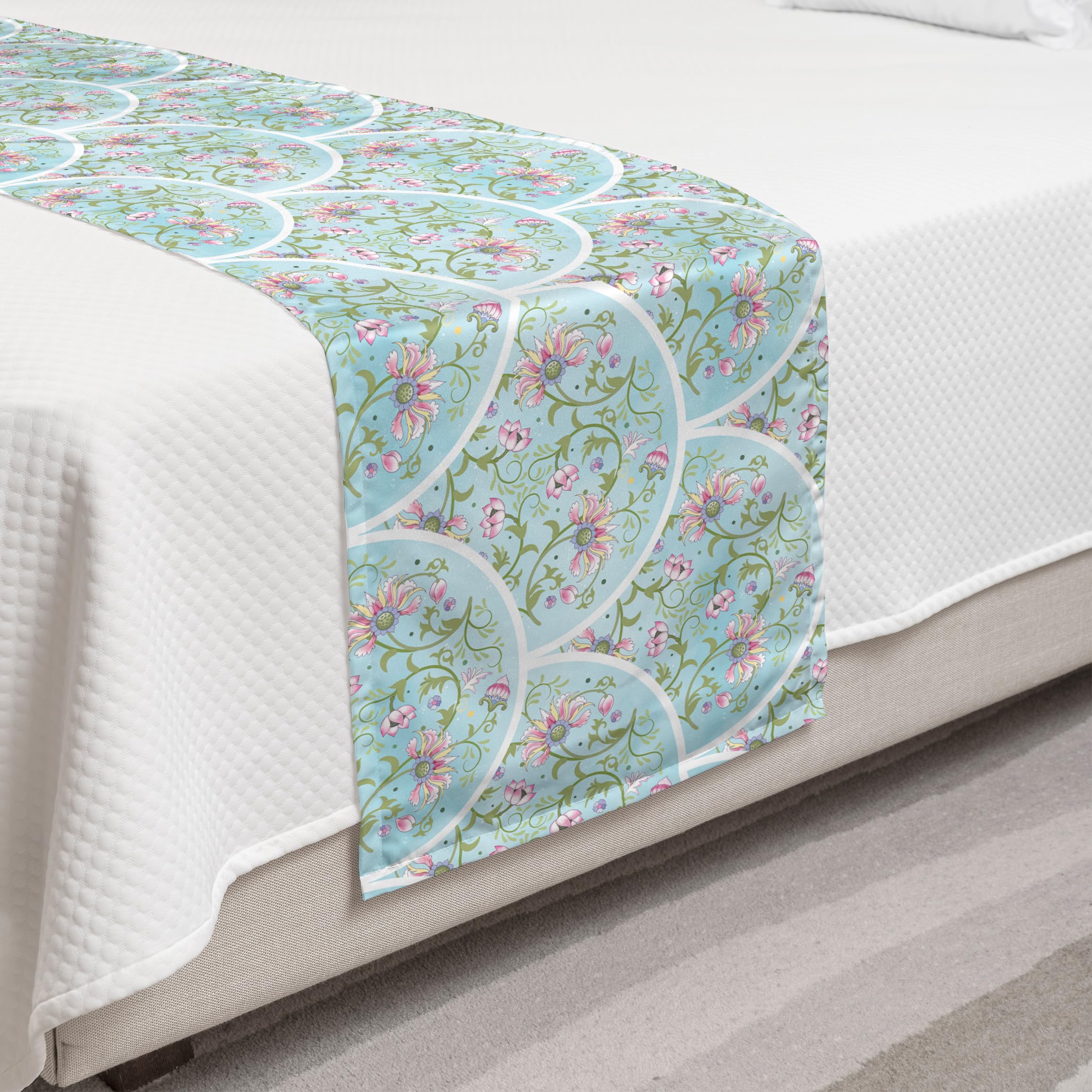 Ambesonne Floral Bed Runner - Chinese Oriental Blossom Flowers in Arching Frames, Decorative Bedding Scarf for Twin Beds, Pale Blue & Multicolor - Perfect for Hotels, Homes & Guestrooms Decor