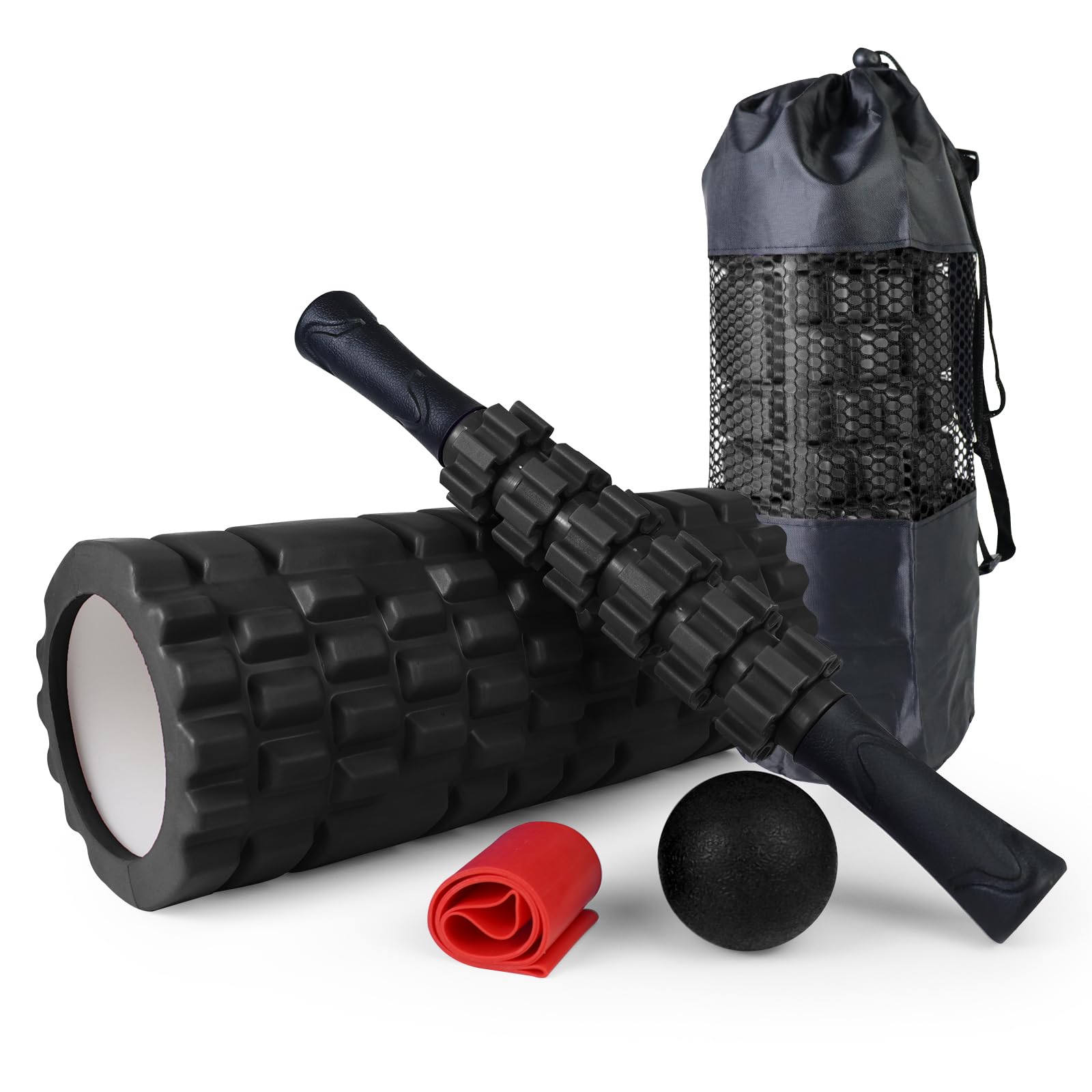5-in-1 Foam Roller Set for Deep Tissue Massage - Trigger Point Roller, Massage Stick, Therapy Ball & Resistance Band - Perfect for Yoga, Pilates, Workout Recovery & Full Body Muscle Relief - Home Gym & Sports Recovery Essential