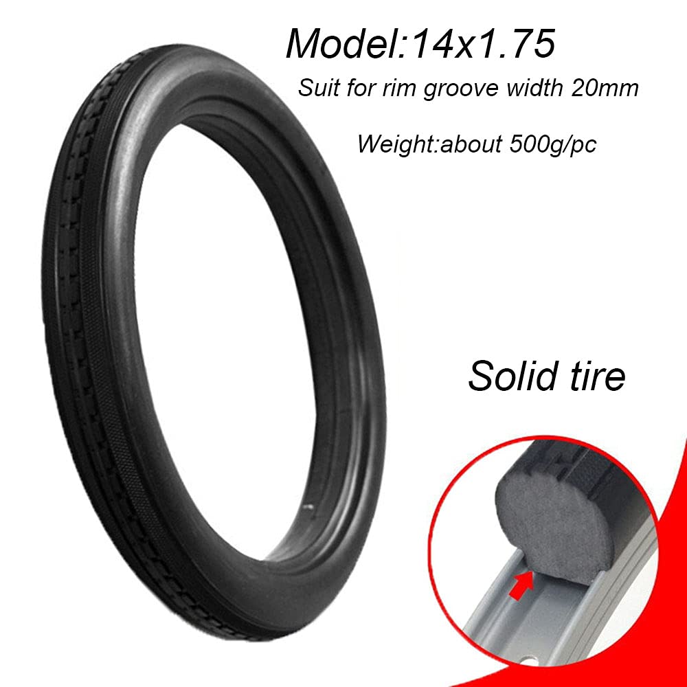 14 Inch Solid Bike Tires - Airless, Anti-Slip 14x1.75 Bicycle Tires for Road Bikes, BMX, Folding Bikes & Kids Bikes - Perfect for Commuting, Off-Road & Urban Cycling