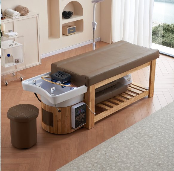 Professional Thai Japanese Head Spa Backwash Shampoo Sink Bed with Wooden Base - Luxury Salon Equipment for Relaxing Head Massage & Hair Washing Treatments