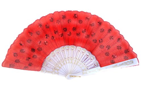 Red Peacock Pattern Sequin Fabric Hand Fan - Feng Shui Decorative Fan for Home Decor, Wedding, Photo Props & Cultural Events