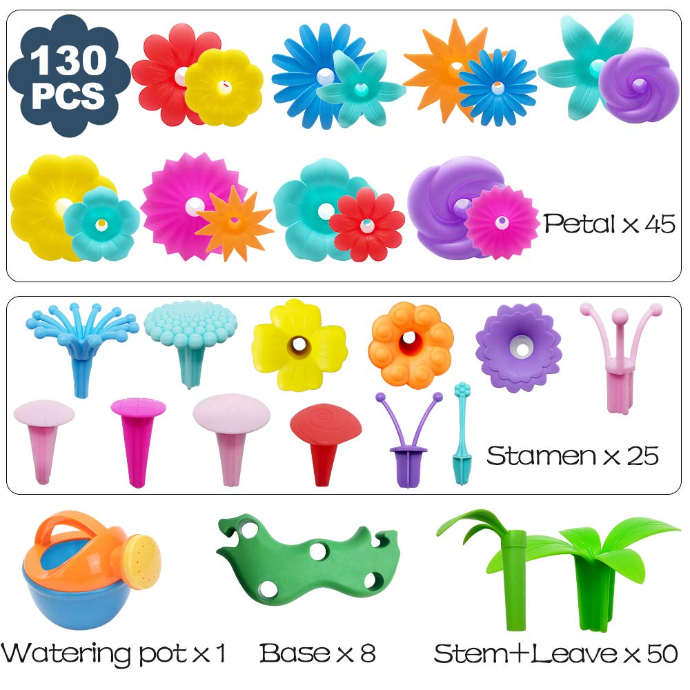 Scientoy 130 PCS Flower Garden Building Toys for Girls Ages 3-7 - Pretend Play Gardening Kit with Floral Arrangement, STEM Educational Activity Set | Perfect Birthday Gift for Kids, Indoor & Outdoor Garden Pretend Play