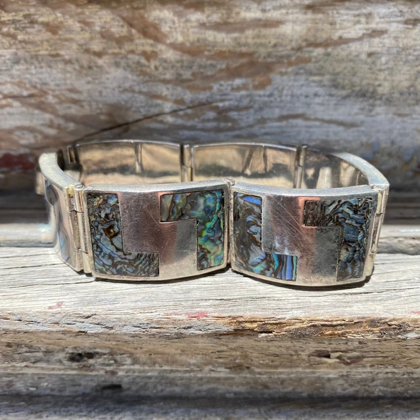 Vintage Sterling Silver Abalone Panel Bracelet - Handmade in Taxco Mexico | Elegant Boho Jewelry for Women, Perfect for Weddings & Special Occasions