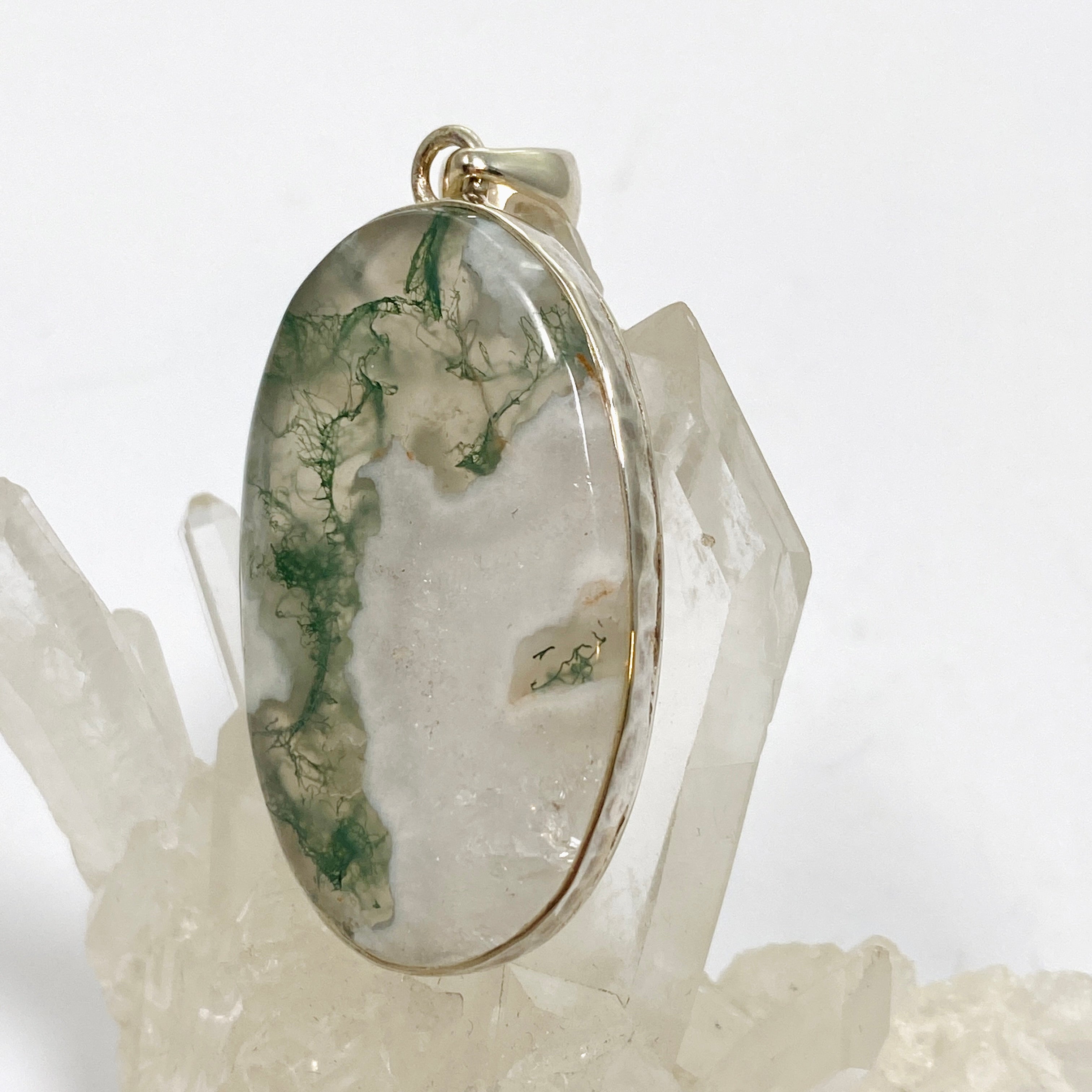 Natural Moss Agate Oval Cabochon Pendant in Handmade Hammered Sterling Silver Setting KPGJ4708 - Perfect for Boho Jewelry, Spiritual Healing & Gift Giving